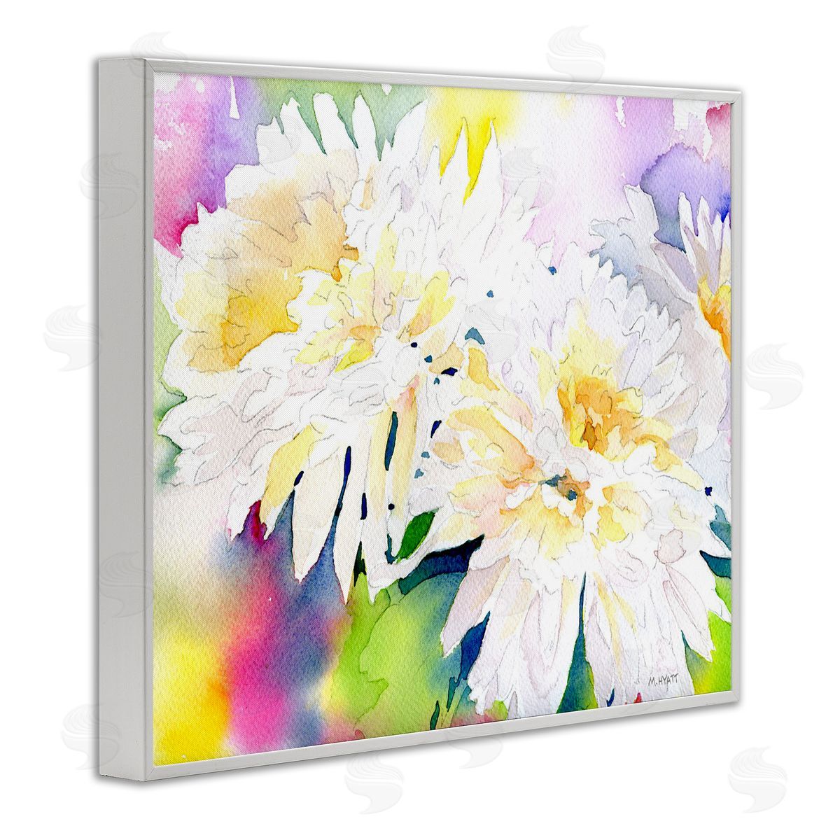 Melissa Hyatt White Mum Florals over Rainbow Watercolor White Framed Giclee Wall Art