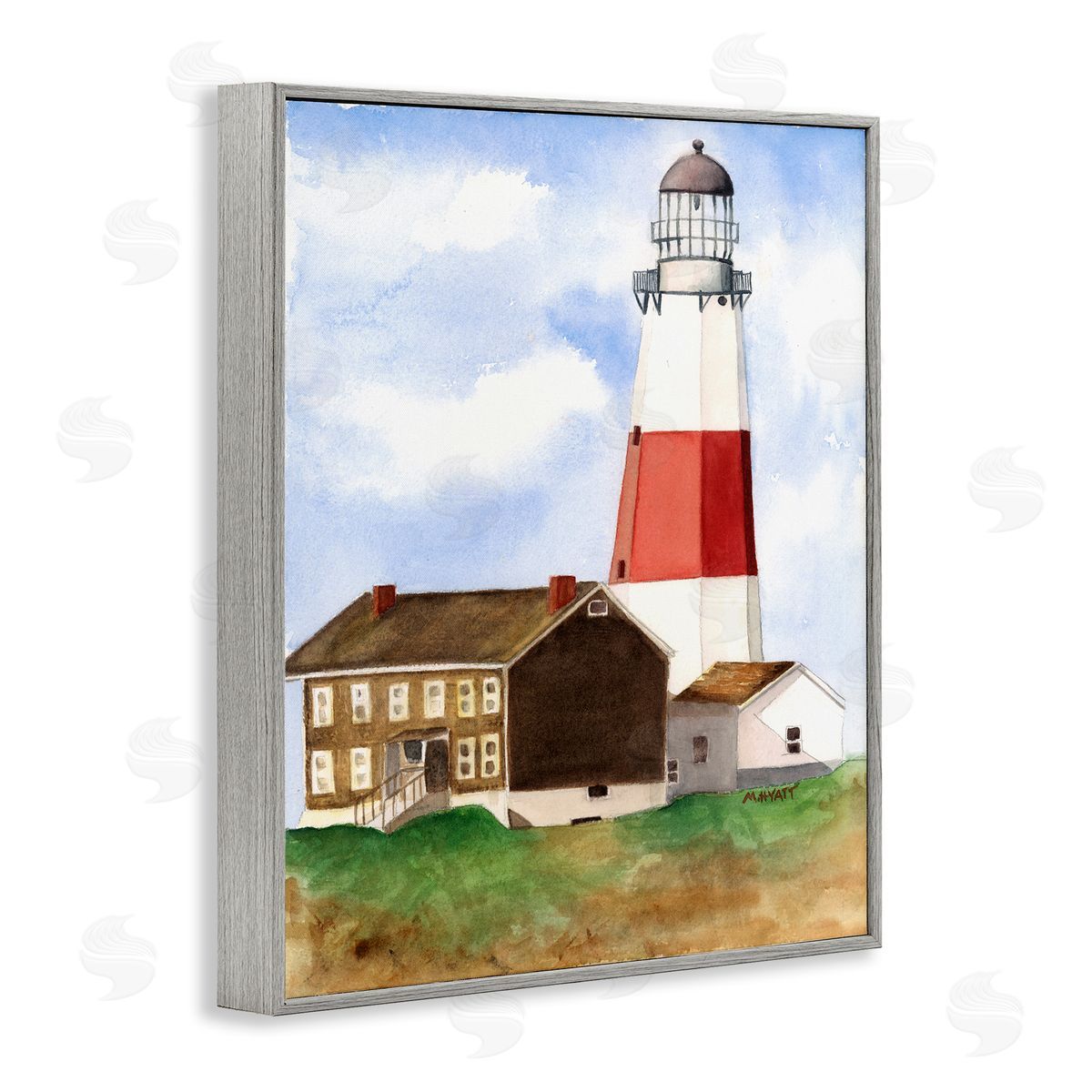 Melissa Hyatt Nautical Red Striped Lighthouse Coastal Cliff Architecture Gray Framed Giclee Wall Art