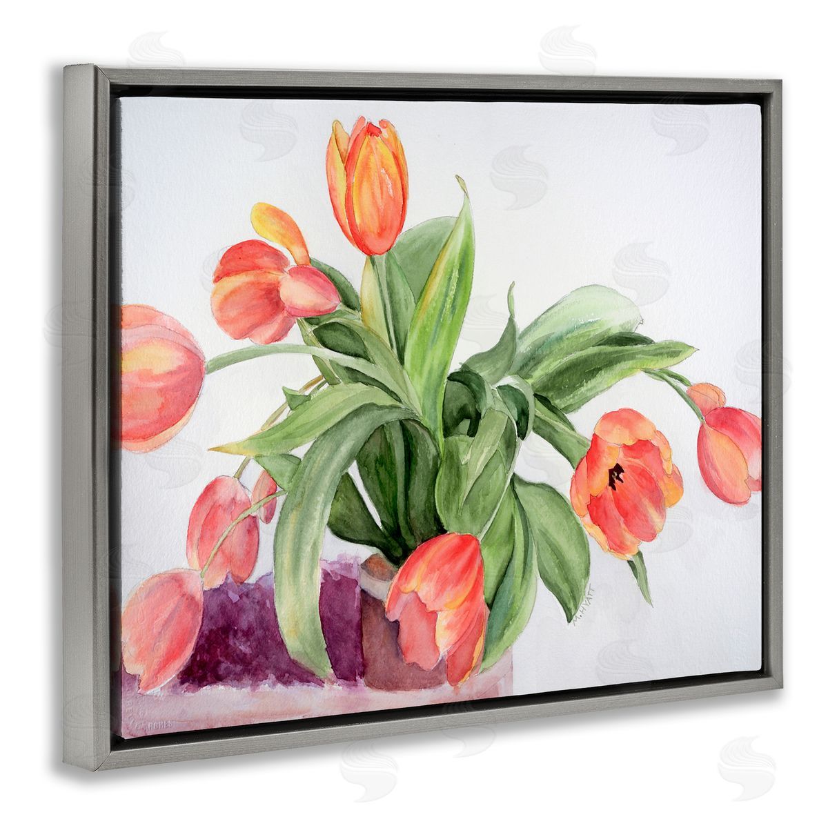 Melissa Hyatt Dancing Red Orange Tulip Flowers over White Gray Floater Frame Canvas Art