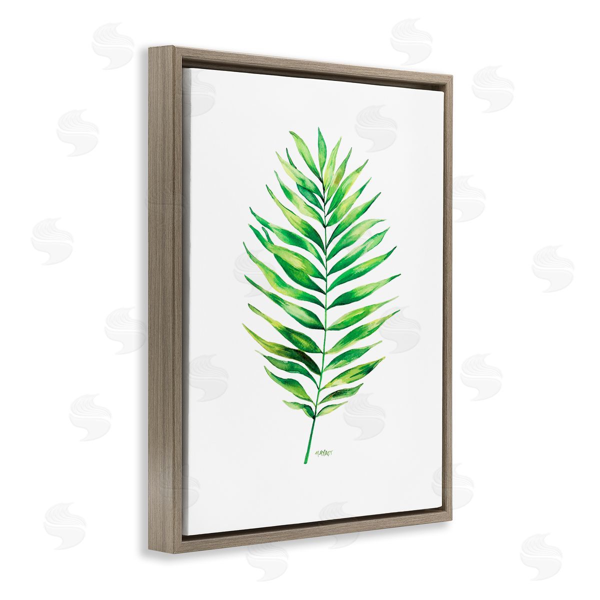 Melissa Hyatt Minimal Green Palm Tropical Plant over White Brown Floater Frame Canvas Art
