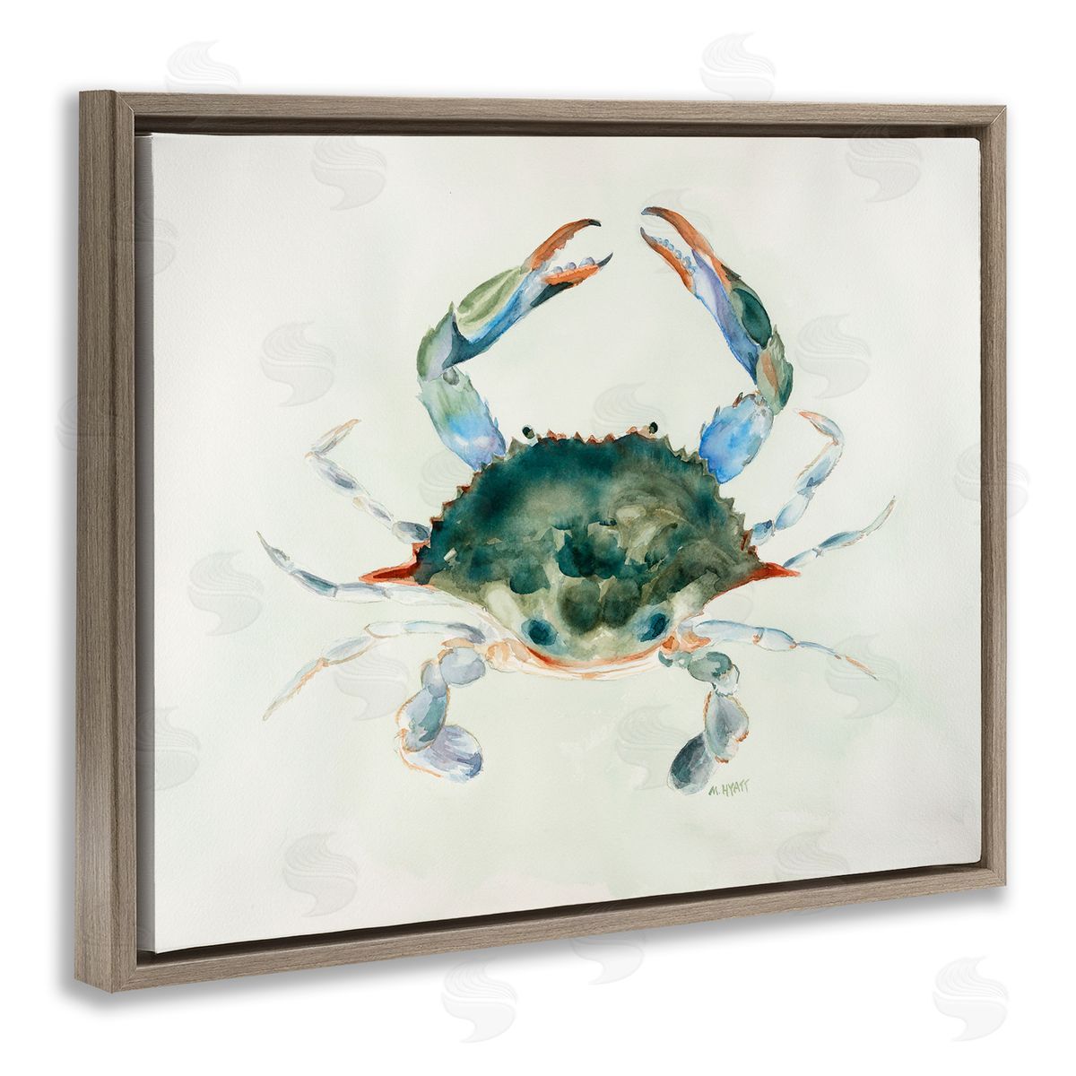 Melissa Hyatt Blue Sea Crab Over Beige Soft Watercolors Brown Floater Frame Canvas Art
