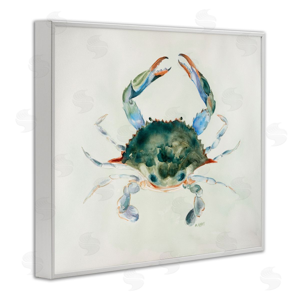 Melissa Hyatt Blue Sea Crab Over Beige Soft Watercolors White Framed Giclee Wall Art