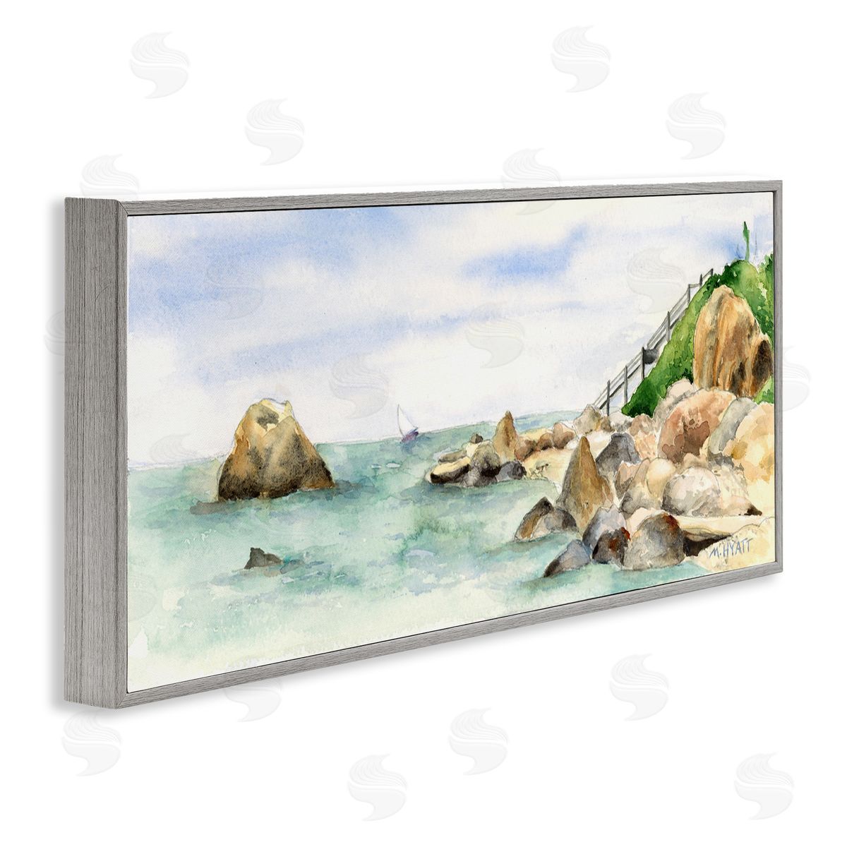 Melissa Hyatt Rocky Point Coastal Seascape Soft Watercolor Gray Framed Giclee Wall Art