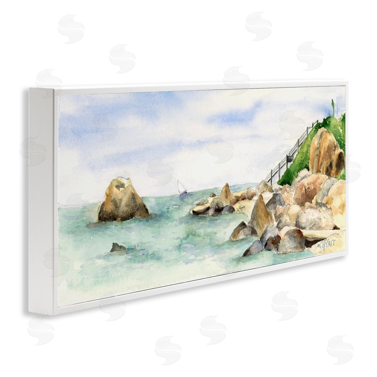 Melissa Hyatt Rocky Point Coastal Seascape Soft Watercolor White Framed Giclee Wall Art