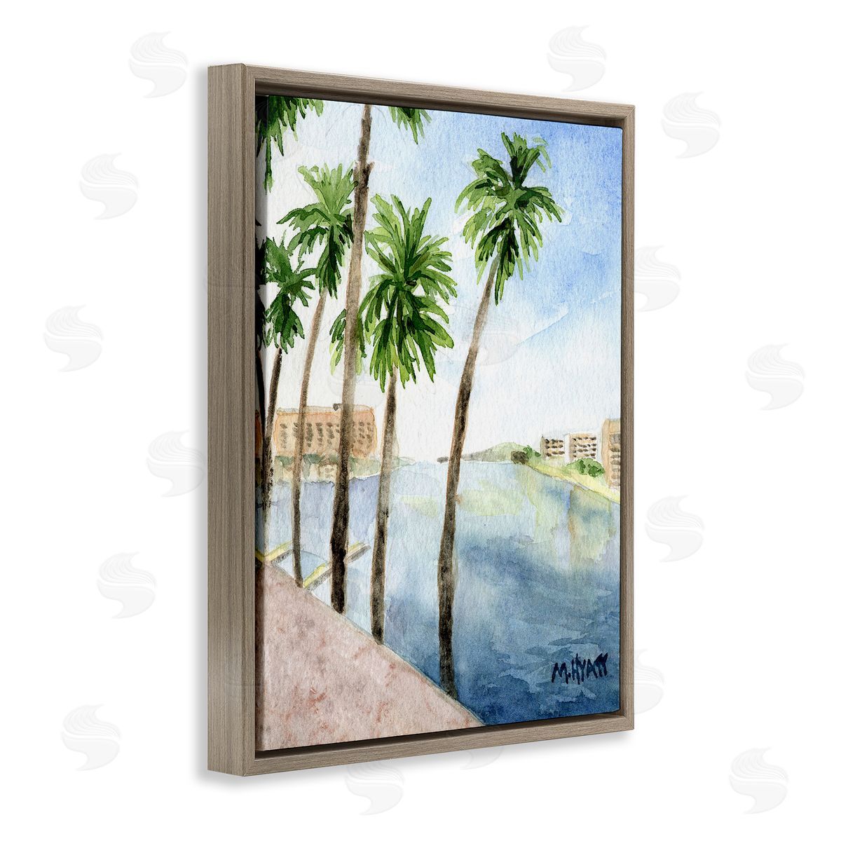 Melissa Hyatt Tropical Palms Along the River Edge Landscape Brown Floater Frame Canvas Art