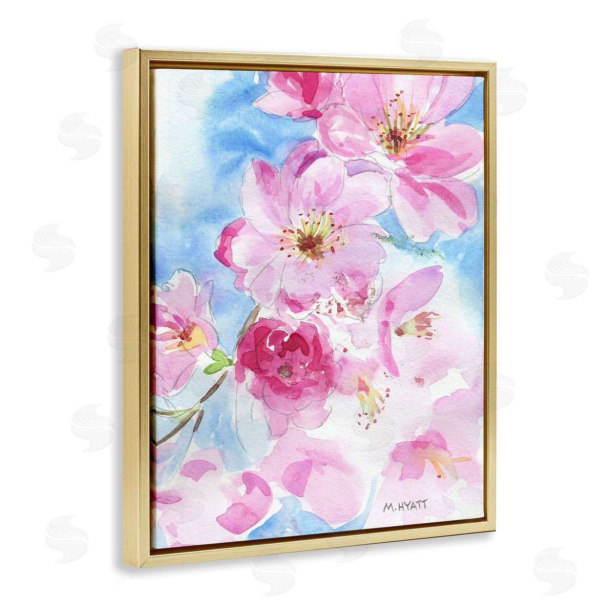 Melissa Hyatt Cherry Blossom Pink Florals Blooming over Blue  Gold Floater Frame Canvas Art