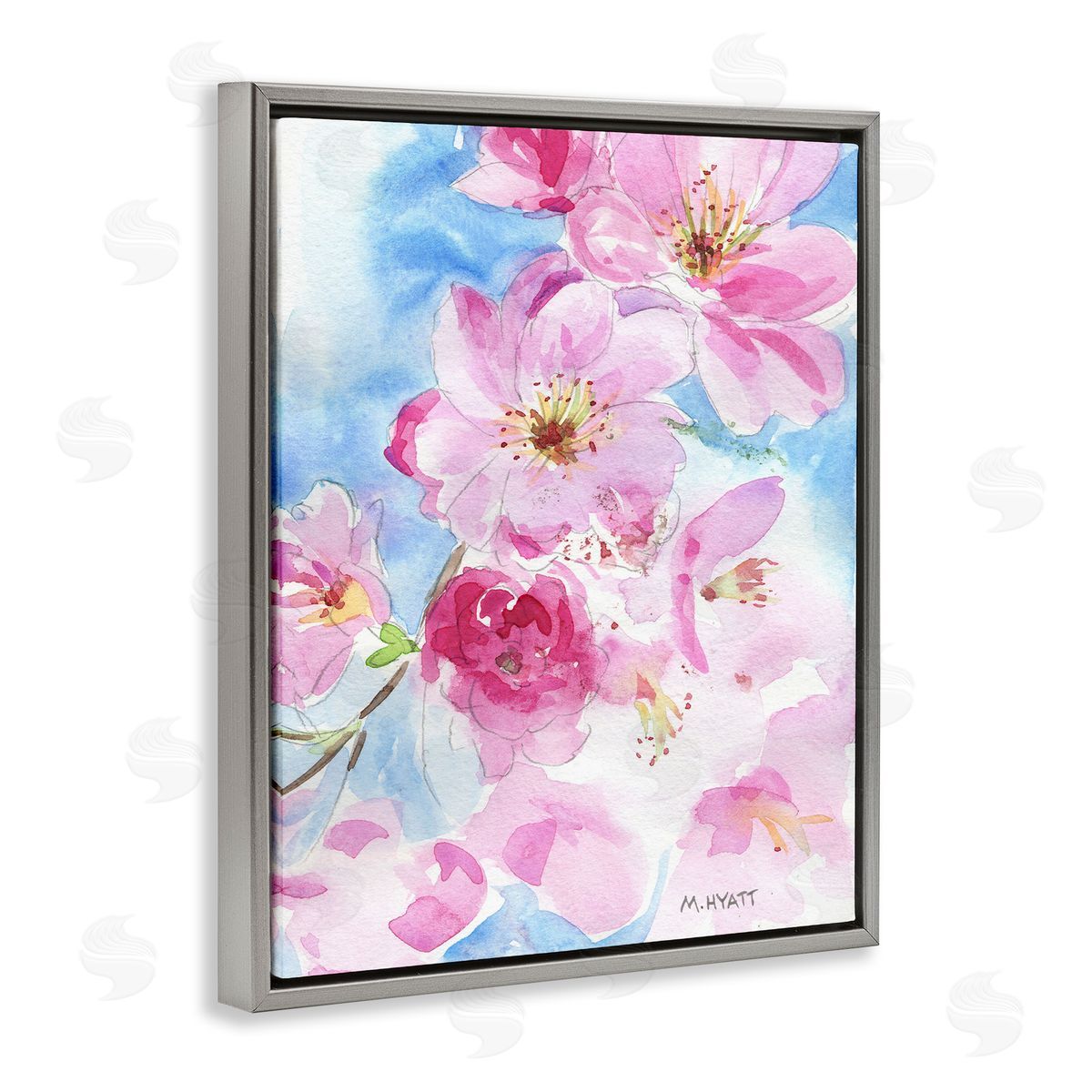 Melissa Hyatt Cherry Blossom Pink Florals Blooming over Blue  Gray Floater Frame Canvas Art