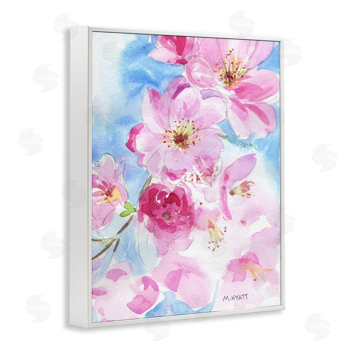 Melissa Hyatt Cherry Blossom Pink Florals Blooming over Blue  White Framed Giclee Wall Art