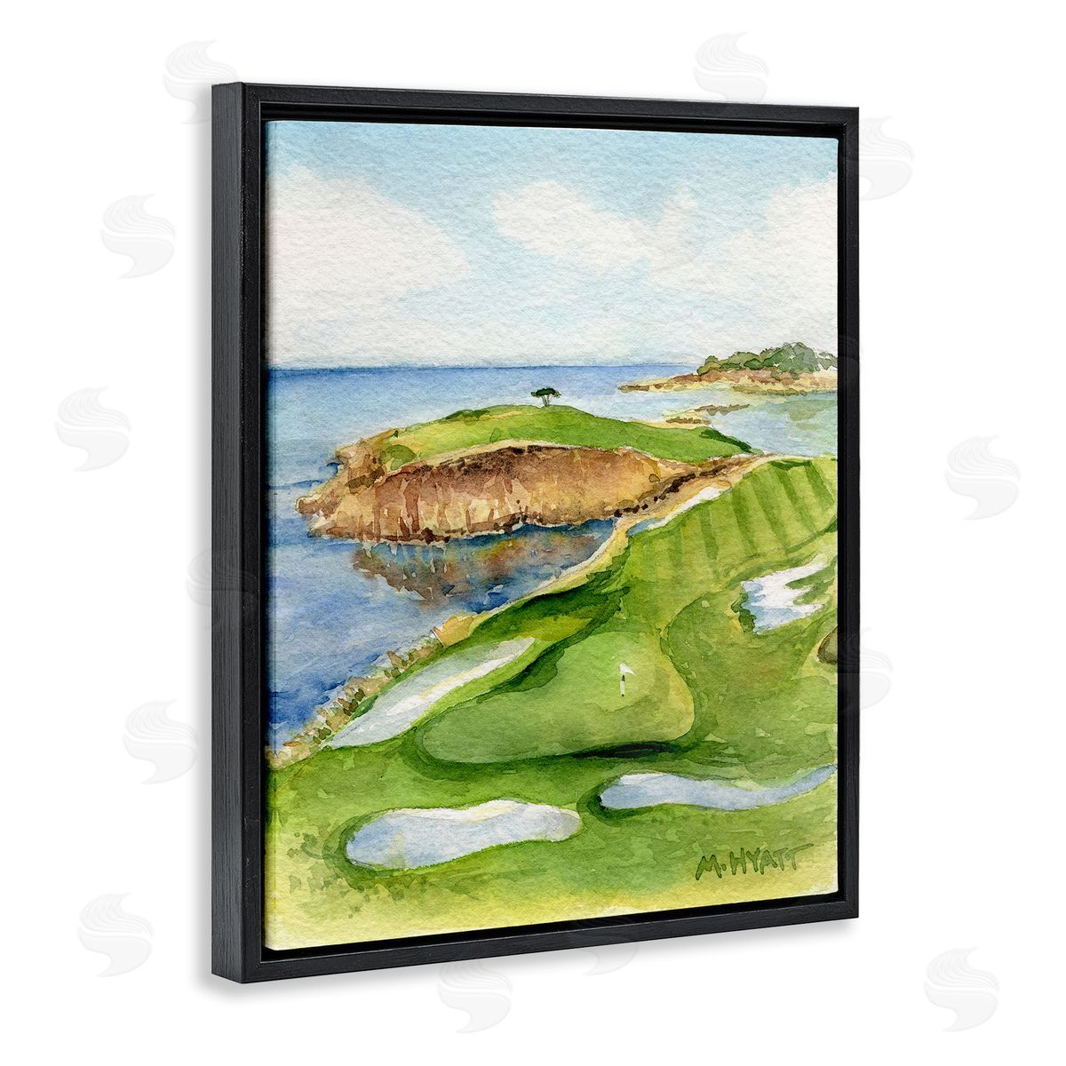 Melissa Hyatt Pebble Beach Cliffside Golf Course Soft Watercolor Black Floater Frame Canvas Art