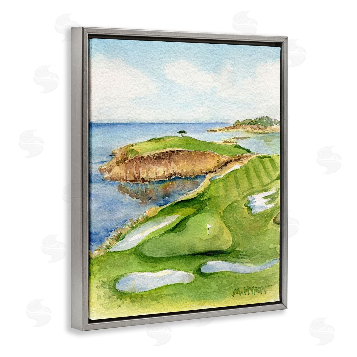 Melissa Hyatt Pebble Beach Cliffside Golf Course Soft Watercolor Gray Floater Frame Canvas Art