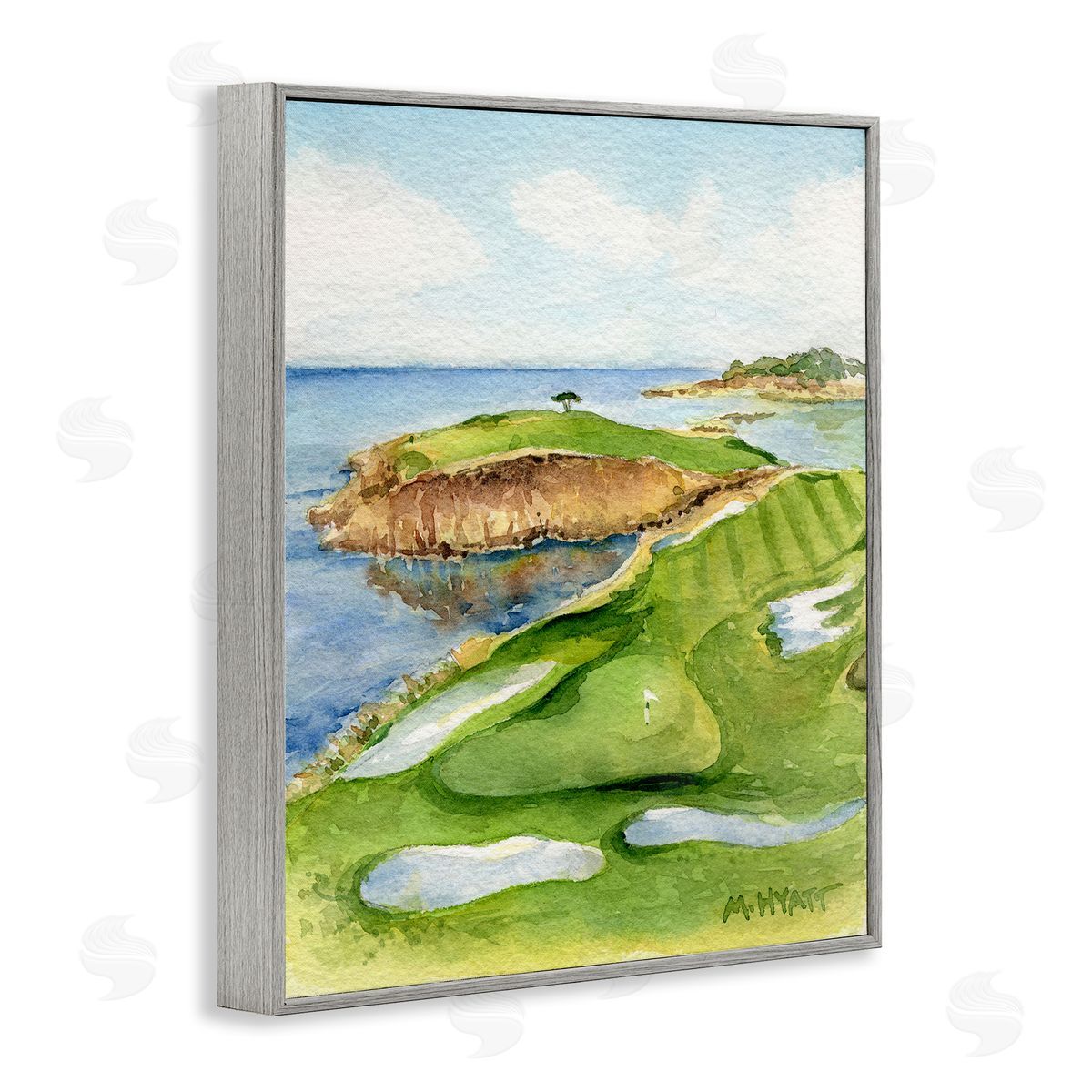 Melissa Hyatt Pebble Beach Cliffside Golf Course Soft Watercolor Gray Framed Giclee Wall Art