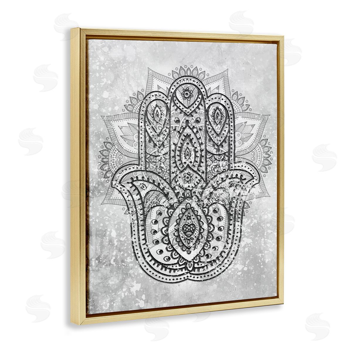 Stupell Studio Hamsa Hand Symbol Intricate Pattern Black Grey Gold Floater Frame Canvas Art