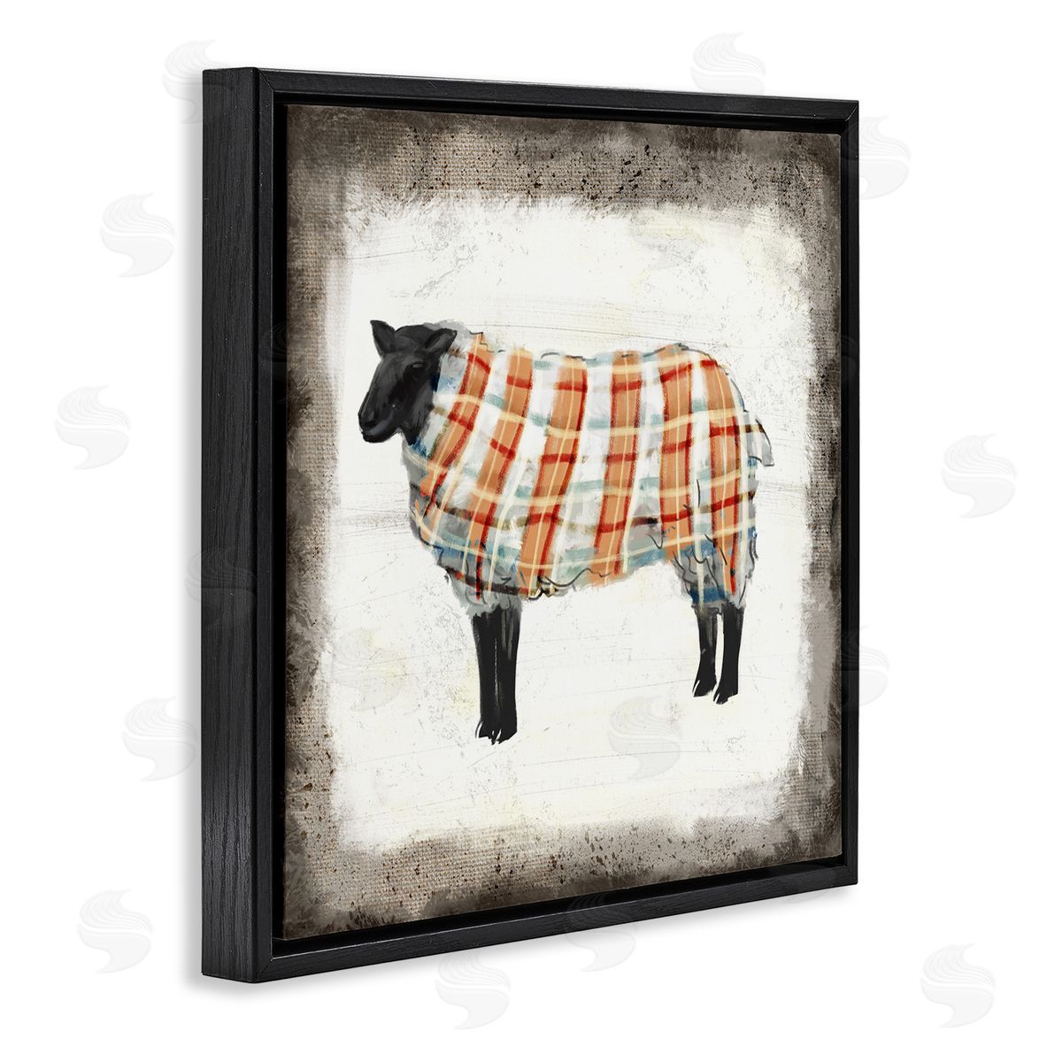 Ziwei Li Black Farm Sheep In Autumn Plaid Sweater  Black Floater Frame Canvas Art