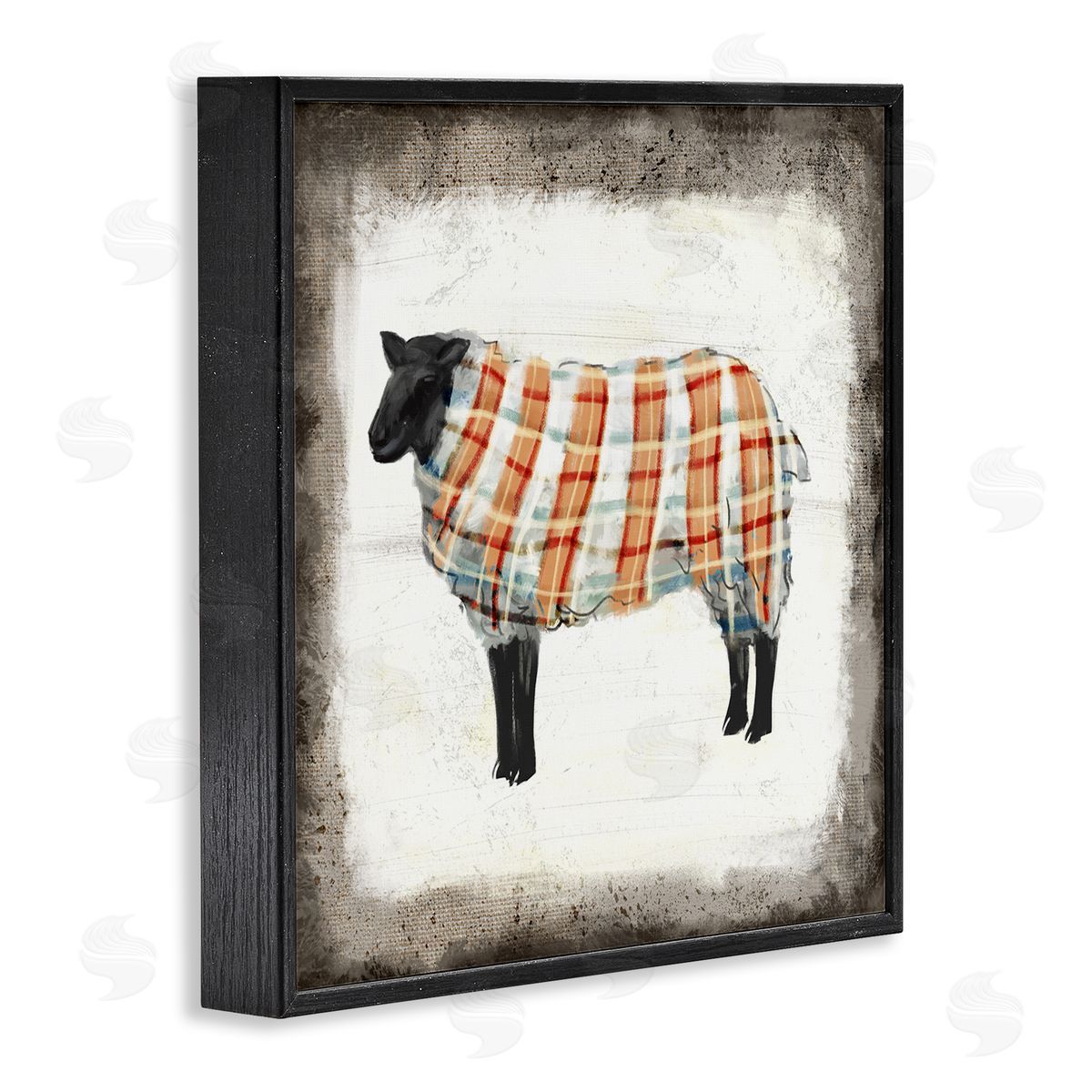 Ziwei Li Black Farm Sheep In Autumn Plaid Sweater  Black Framed Giclee Wall Art