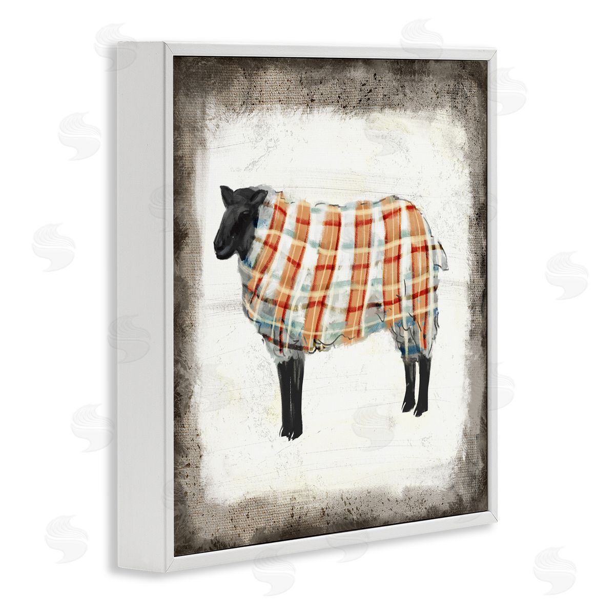 Ziwei Li Black Farm Sheep In Autumn Plaid Sweater  White Framed Giclee Wall Art