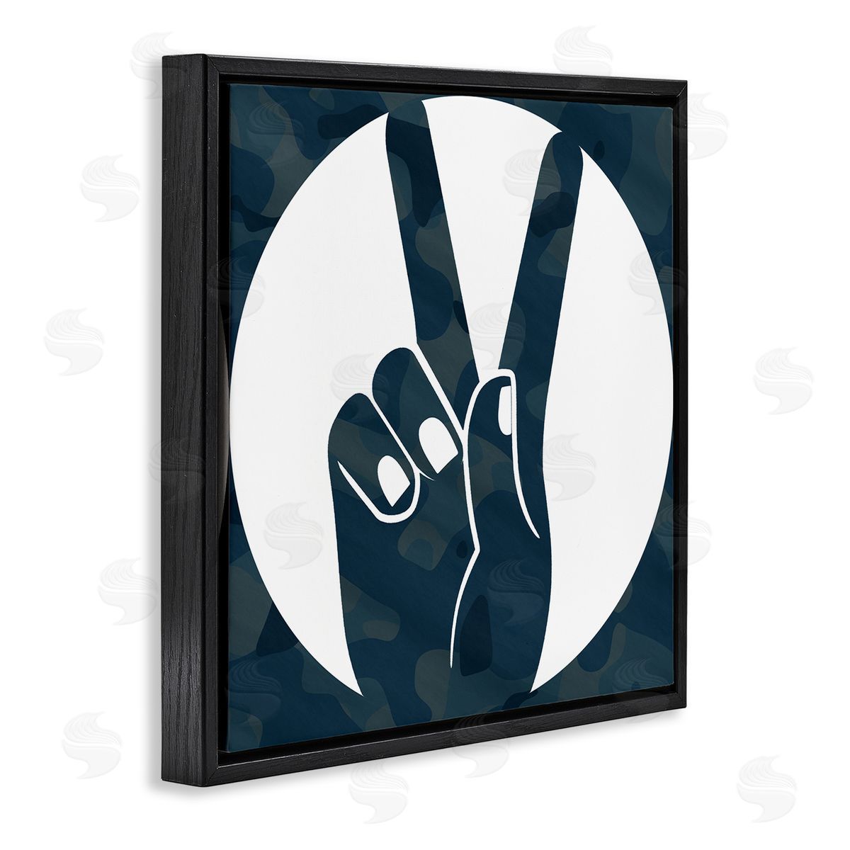 Stupell Studio Peace Sign Hand Pose Over Dark Blue Camouflage Black Floater Frame Canvas Art