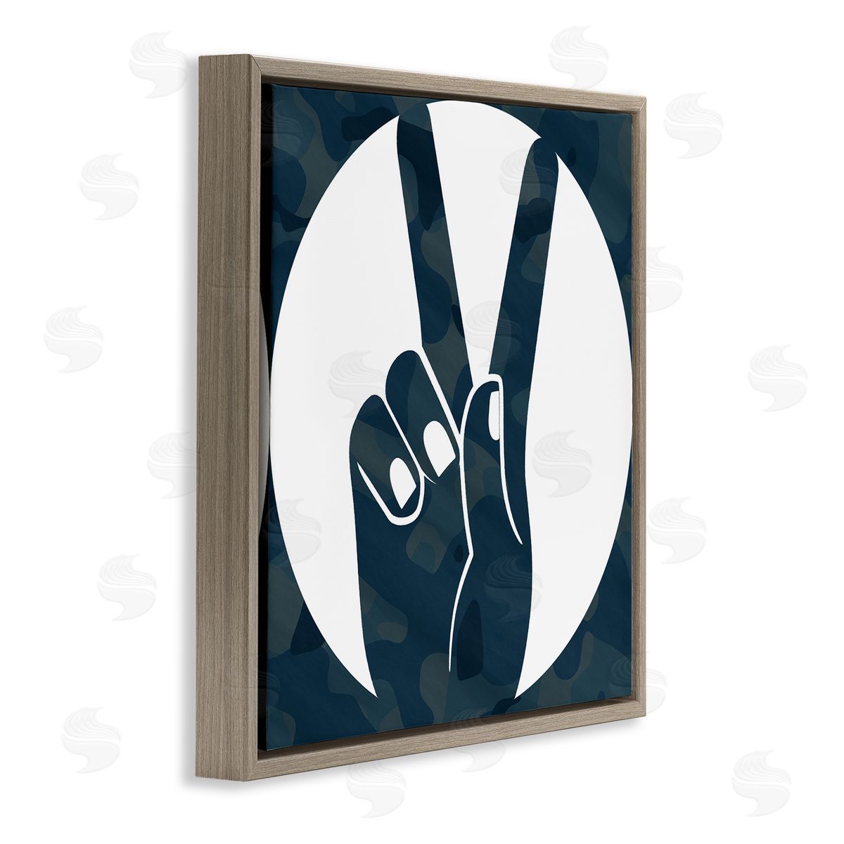 Stupell Studio Peace Sign Hand Pose Over Dark Blue Camouflage Brown Floater Frame Canvas Art