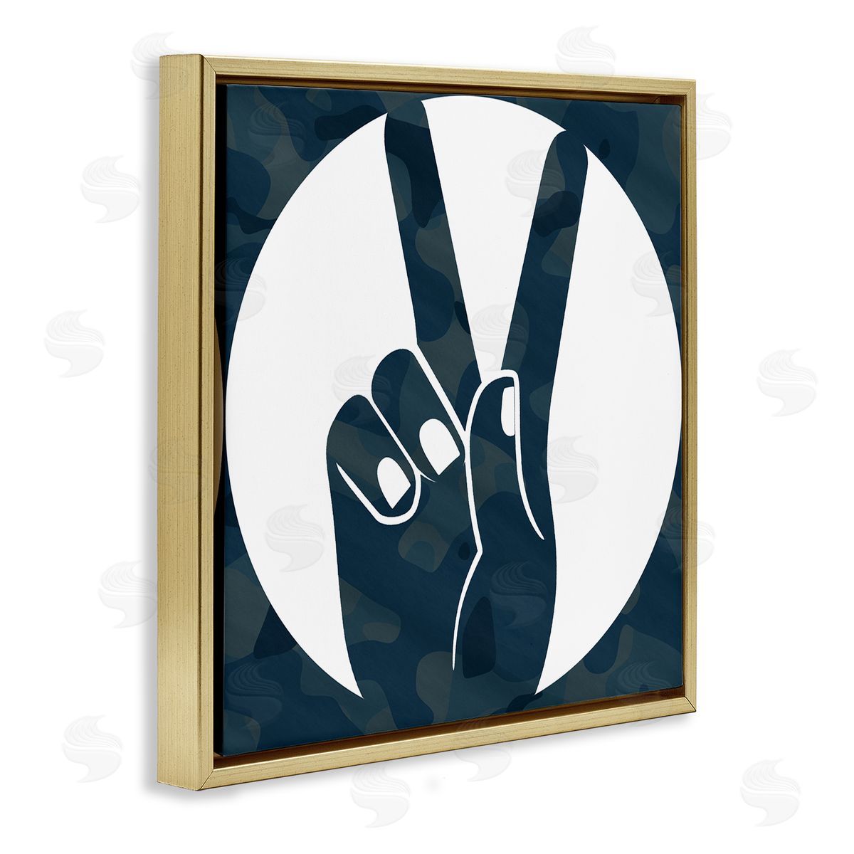 Stupell Studio Peace Sign Hand Pose Over Dark Blue Camouflage Gold Floater Frame Canvas Art