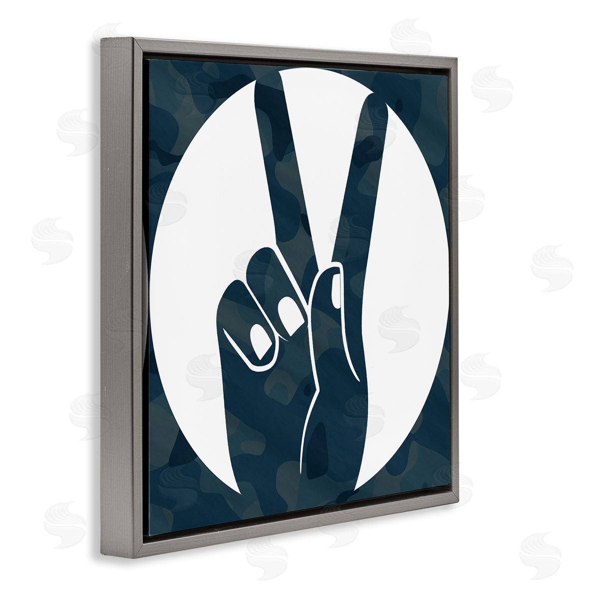 Stupell Studio Peace Sign Hand Pose Over Dark Blue Camouflage Gray Floater Frame Canvas Art