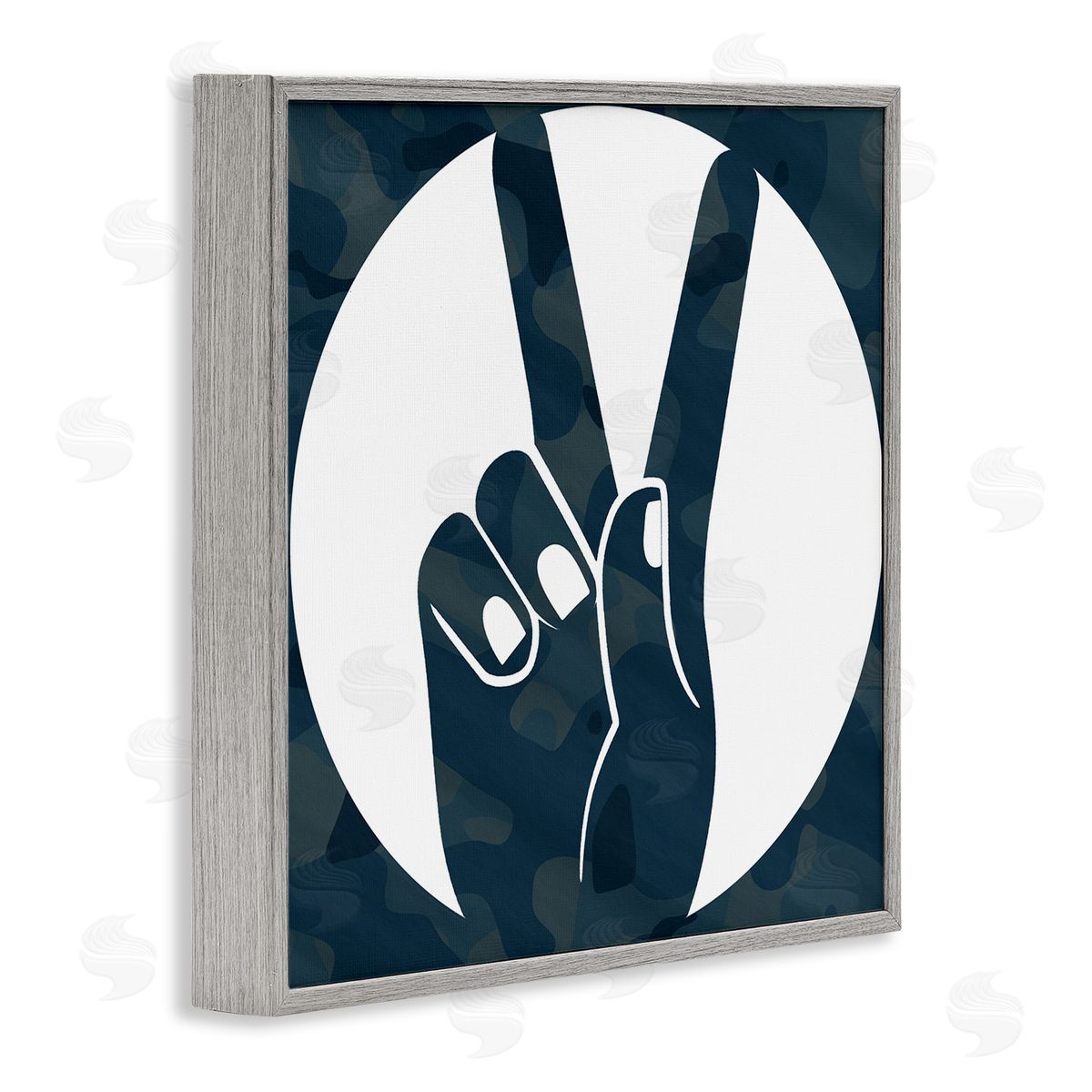 Stupell Studio Peace Sign Hand Pose Over Dark Blue Camouflage Gray Framed Giclee Wall Art