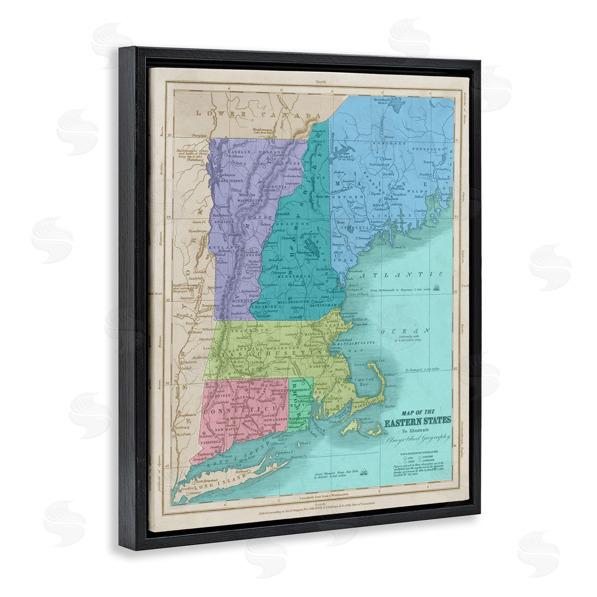 Stupell Studio Map Of Eastern States New England Border Lines Black Floater Frame Canvas Art