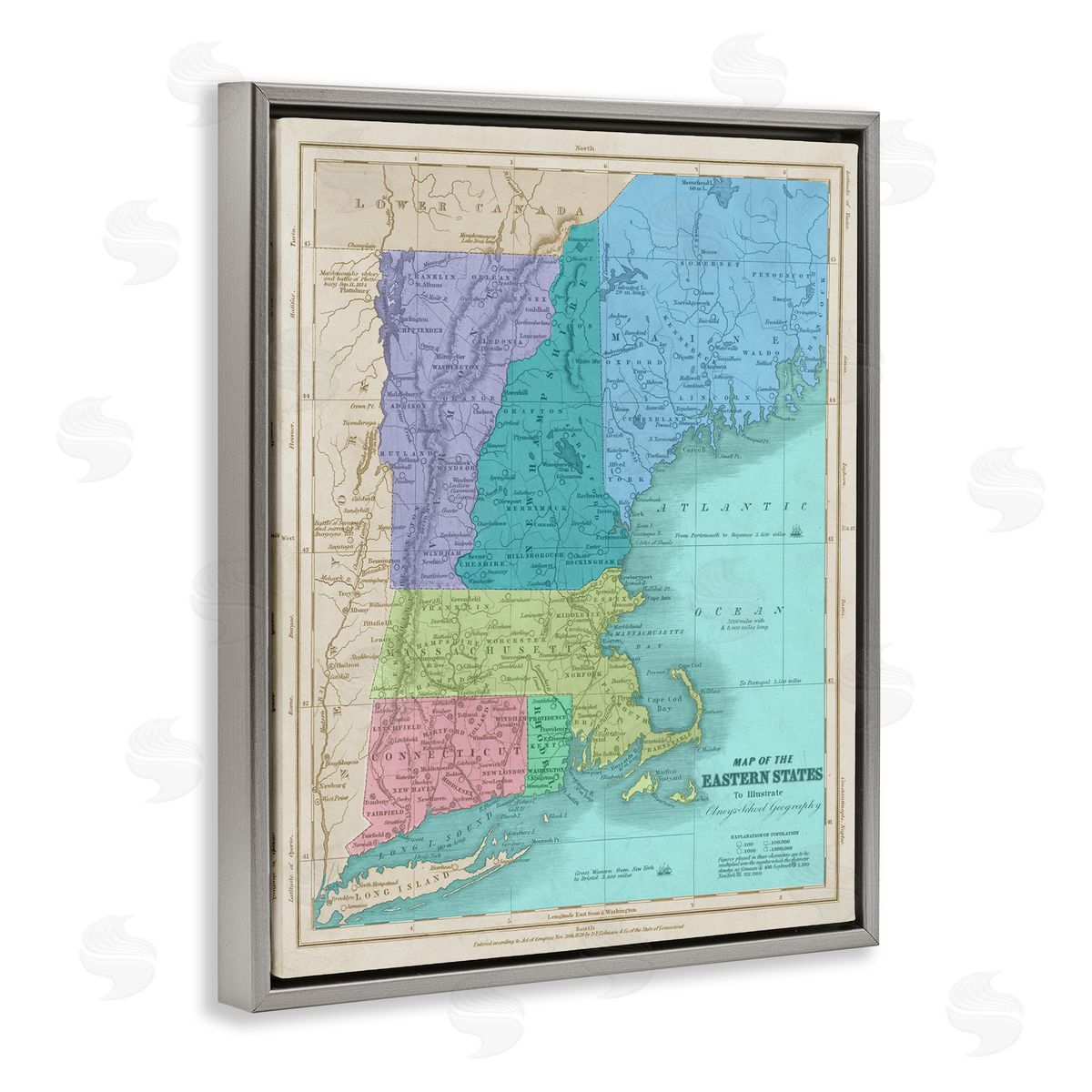 Stupell Studio Map Of Eastern States New England Border Lines Gray Floater Frame Canvas Art