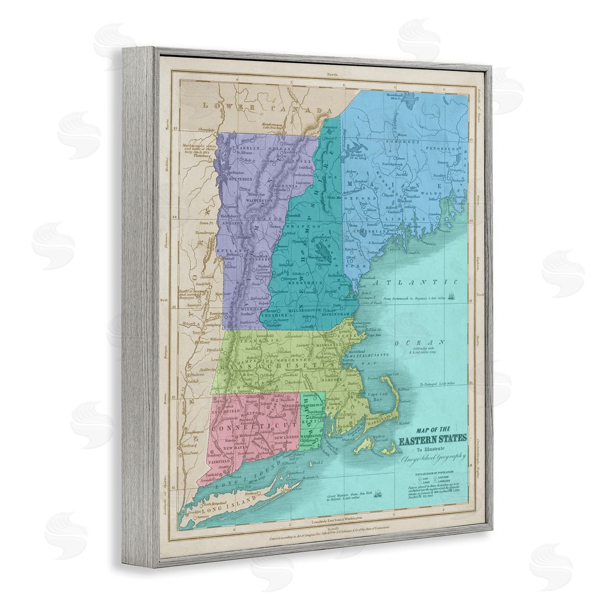 Stupell Studio Map Of Eastern States New England Border Lines Gray Framed Giclee Wall Art