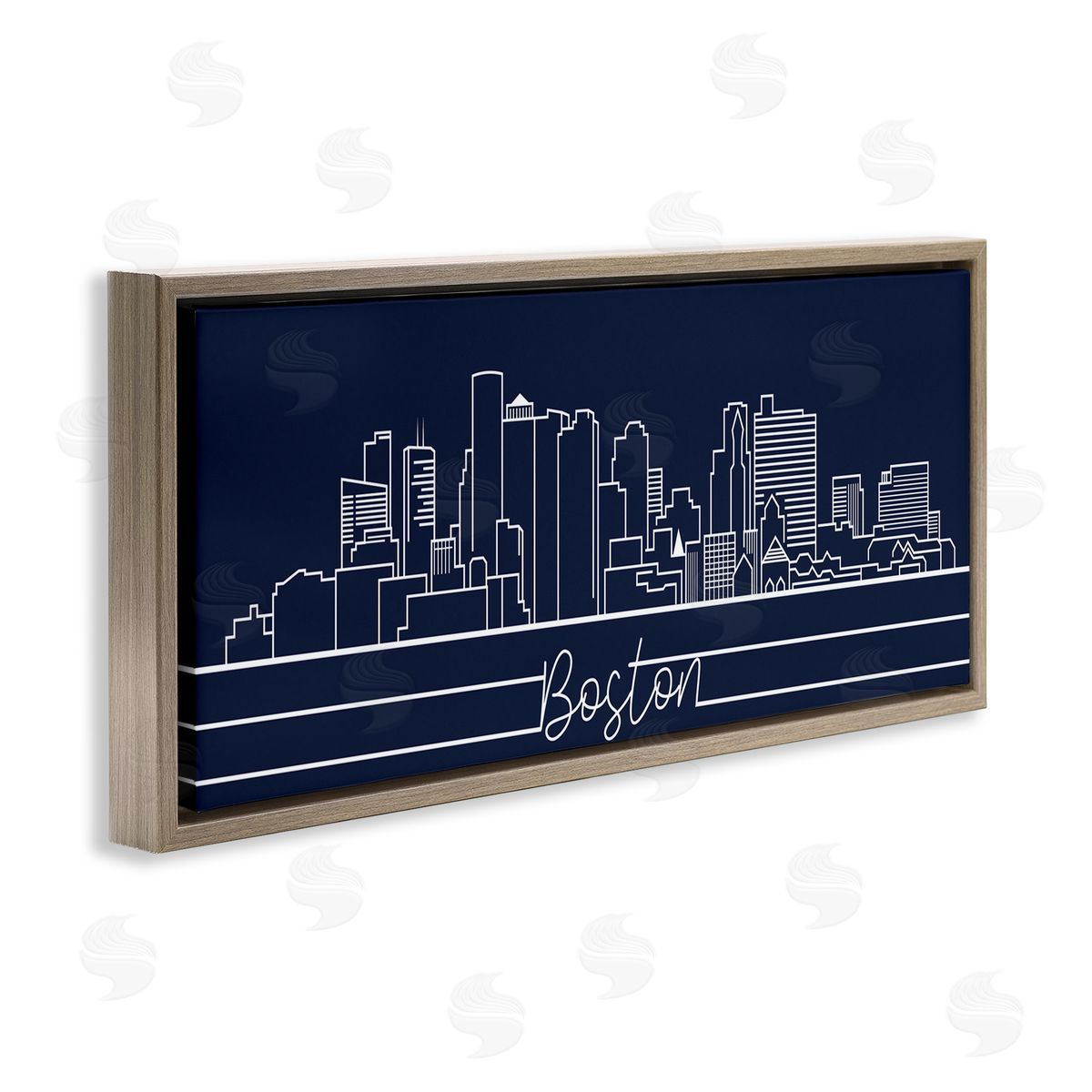 Stupell Studio Boston City Skyline Outline Deep Blue White Brown Floater Frame Canvas Art