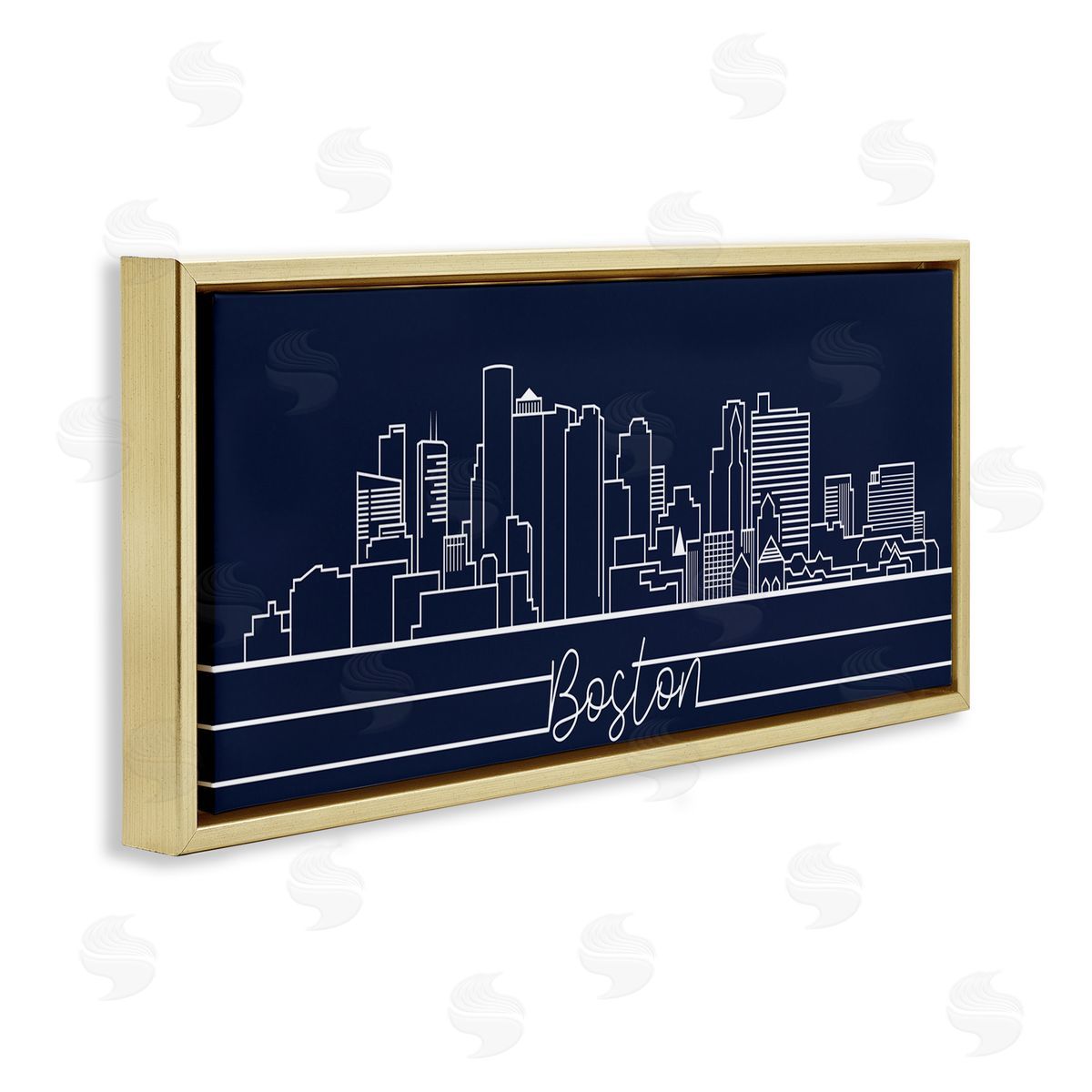 Stupell Studio Boston City Skyline Outline Deep Blue White Gold Floater Frame Canvas Art