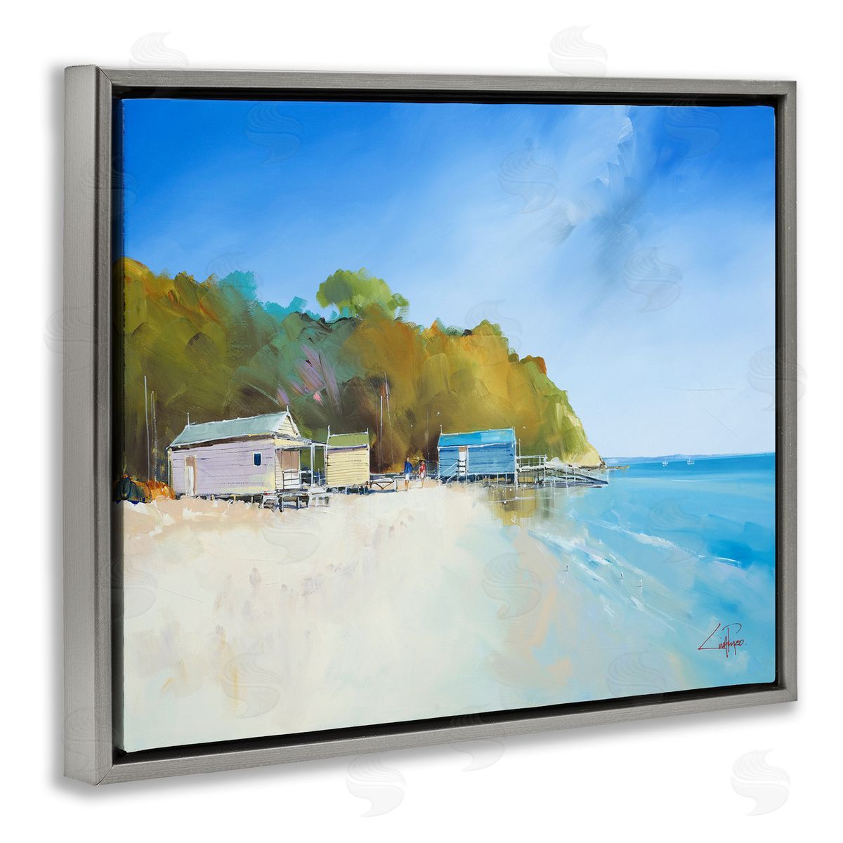 Craig Trewin Penny Boat Shacks on Sandy Coast Beach Line Gray Floater Frame Canvas Art