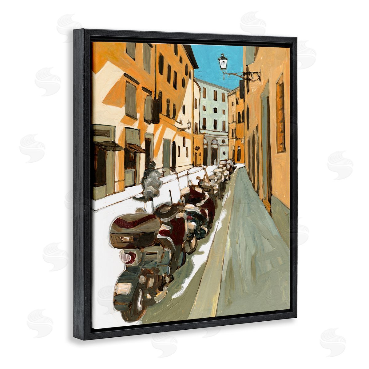 Bart E. Slyp Row of Mopeds Yellow European City Street Black Floater Frame Canvas Art