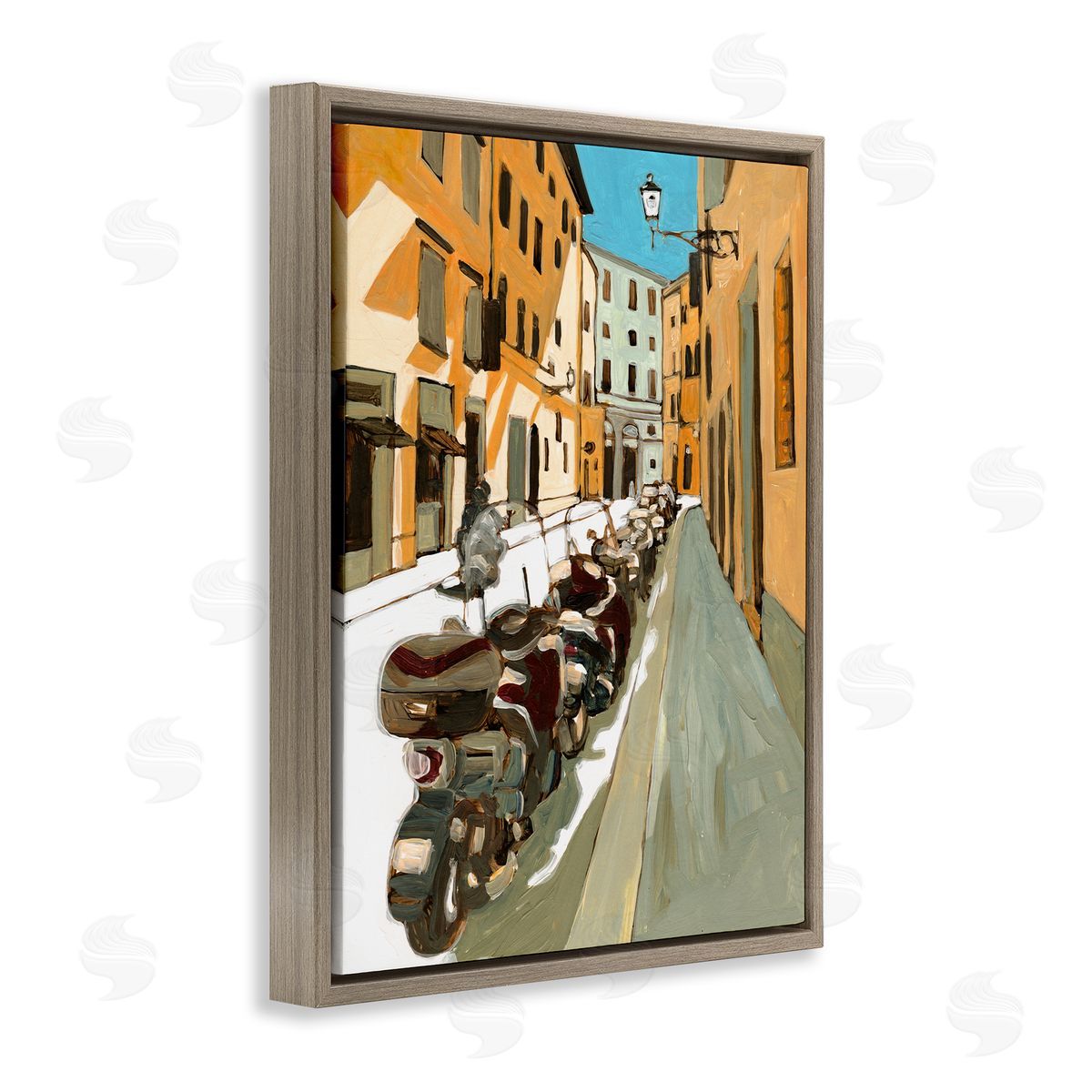 Bart E. Slyp Row of Mopeds Yellow European City Street Brown Floater Frame Canvas Art