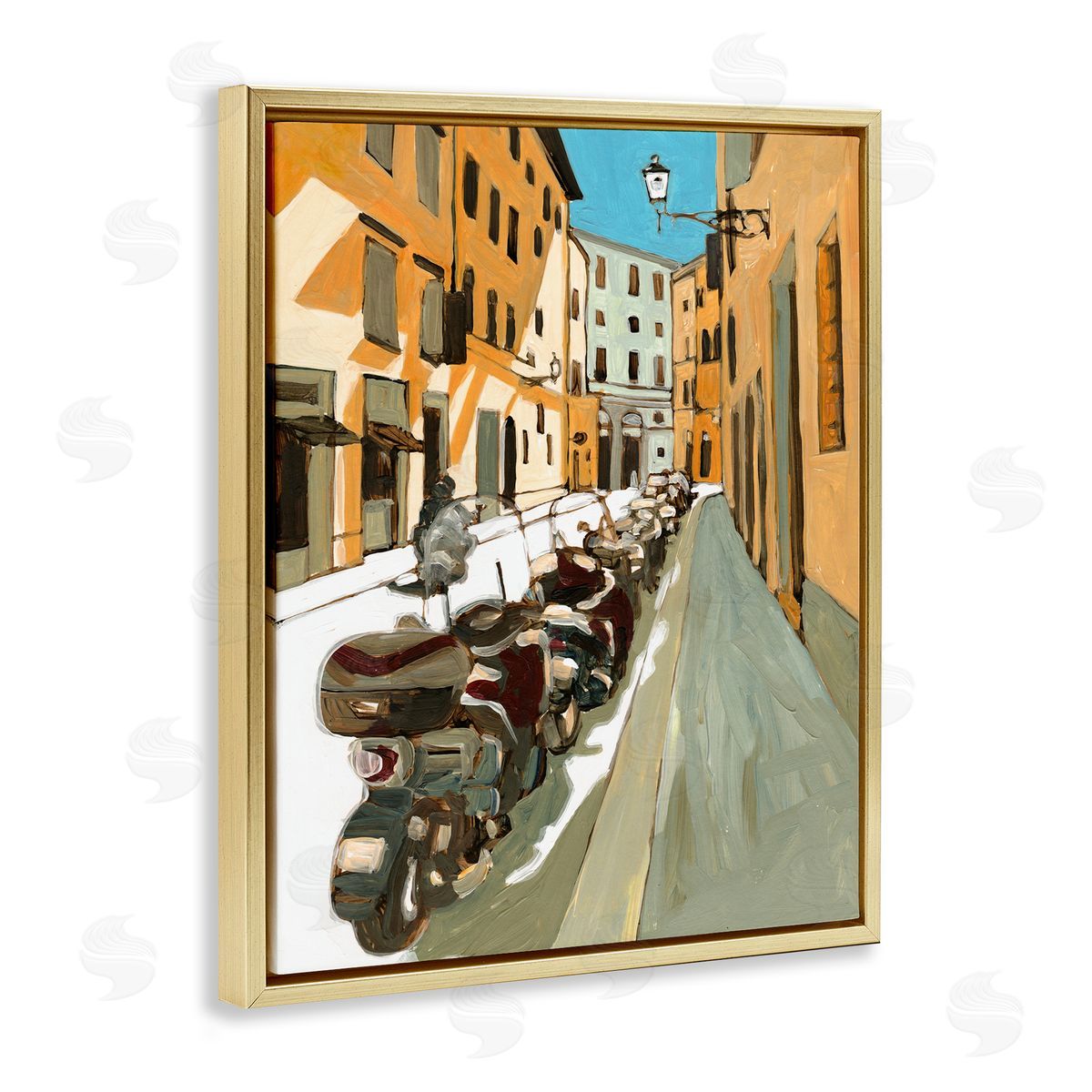 Bart E. Slyp Row of Mopeds Yellow European City Street Gold Floater Frame Canvas Art