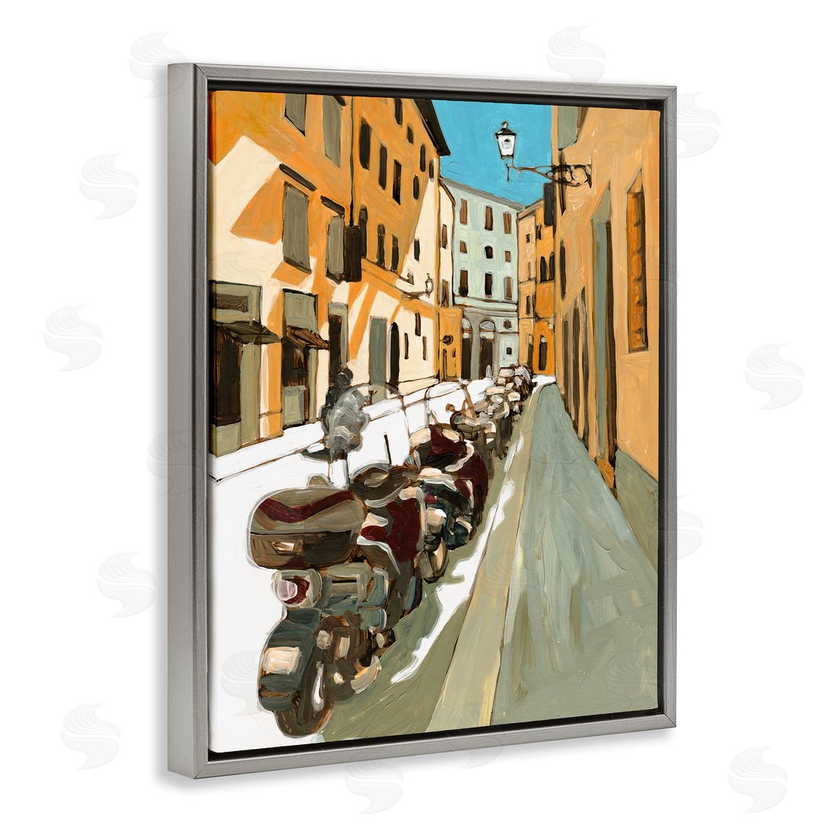 Bart E. Slyp Row of Mopeds Yellow European City Street Gray Floater Frame Canvas Art