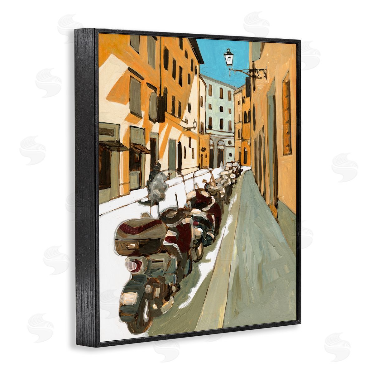 Bart E. Slyp Row of Mopeds Yellow European City Street Black Framed Giclee Wall Art