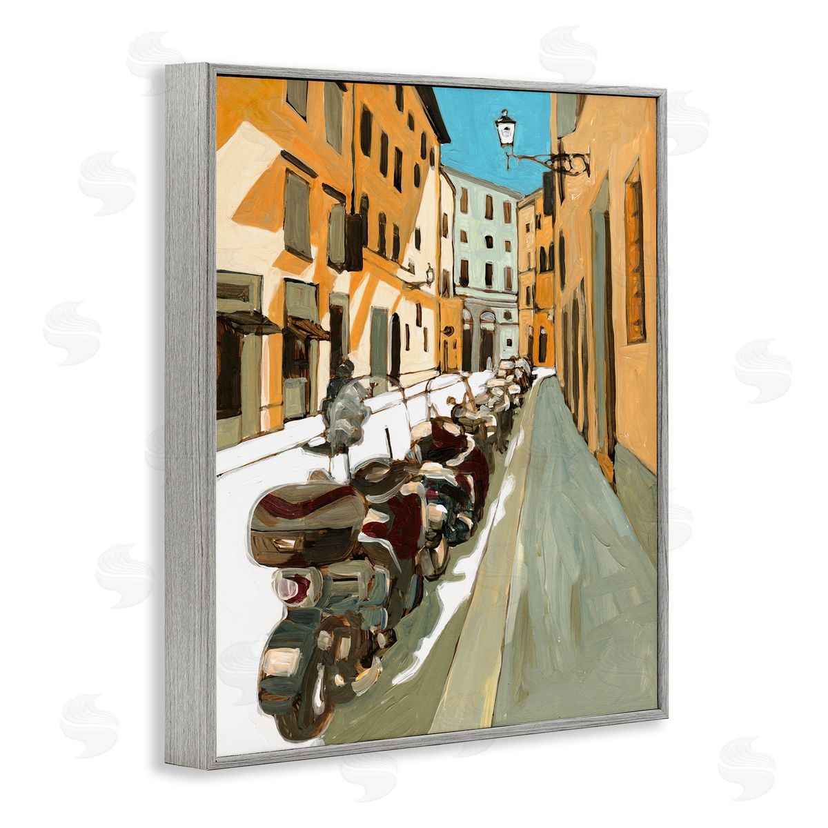 Bart E. Slyp Row of Mopeds Yellow European City Street Gray Framed Giclee Wall Art