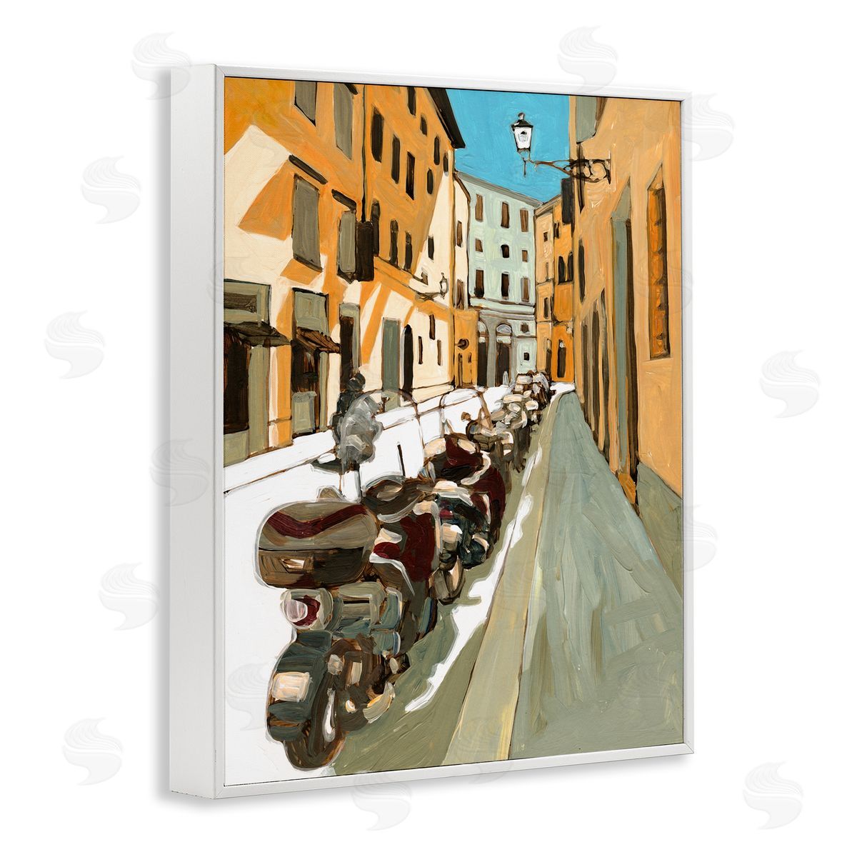 Bart E. Slyp Row of Mopeds Yellow European City Street White Framed Giclee Wall Art