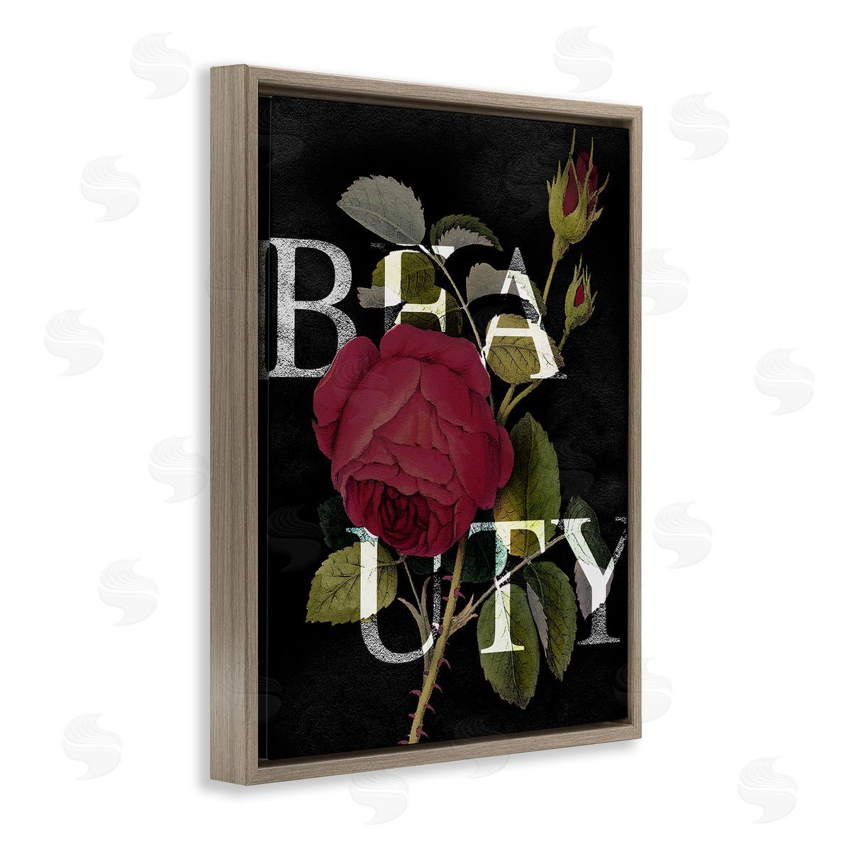 Stupell Studio Beauty Text over Vintage Red Thorned Rose Brown Floater Frame Canvas Art