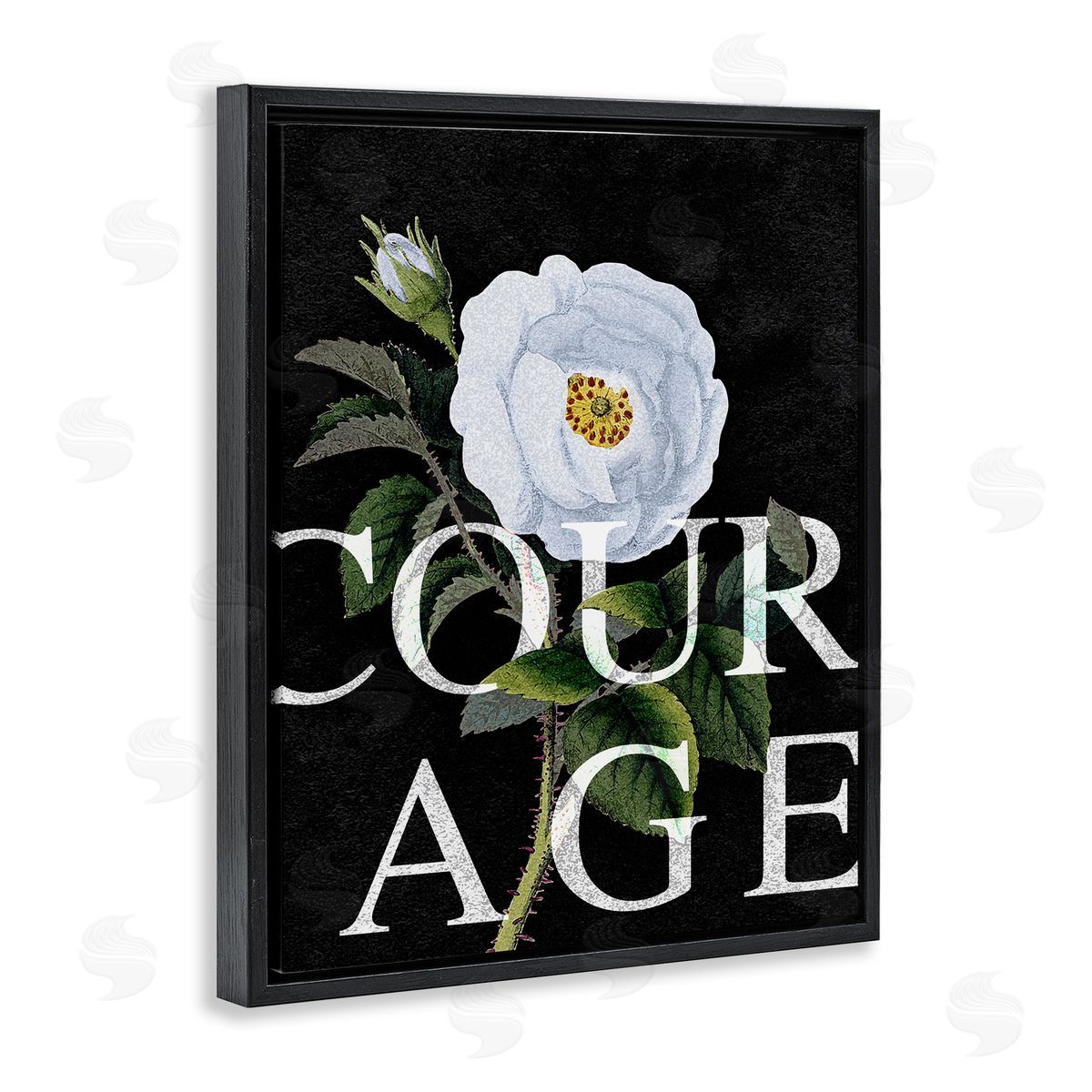 Stupell Studio Courage Text over Vintage White Rose Floral Black Floater Frame Canvas Art