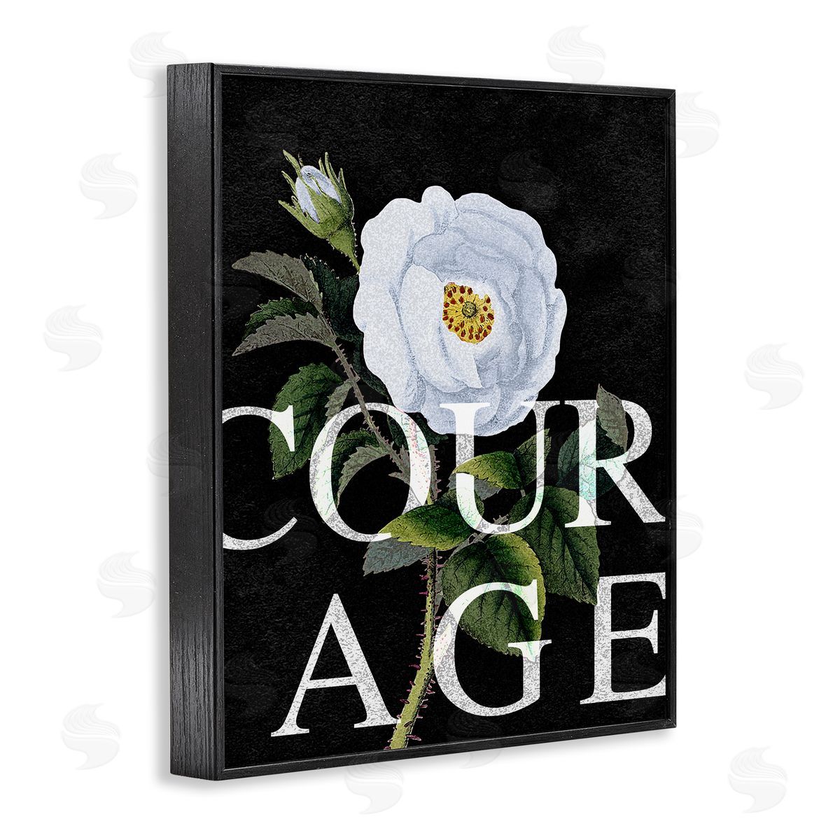 Stupell Studio Courage Text over Vintage White Rose Floral Black Framed Giclee Wall Art
