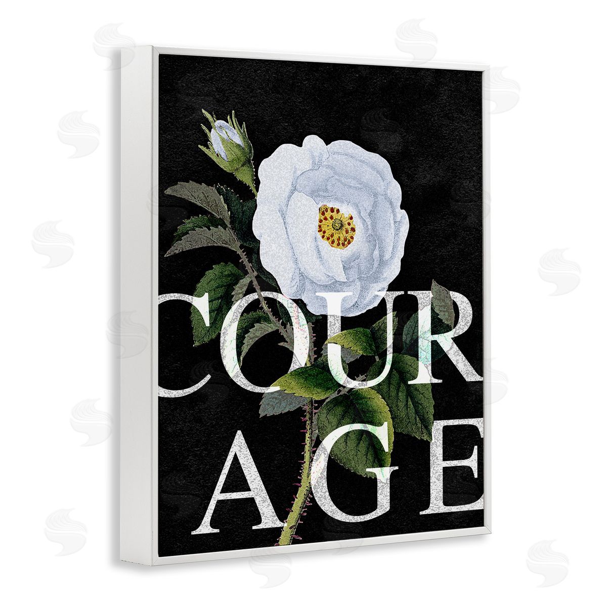 Stupell Studio Courage Text over Vintage White Rose Floral White Framed Giclee Wall Art