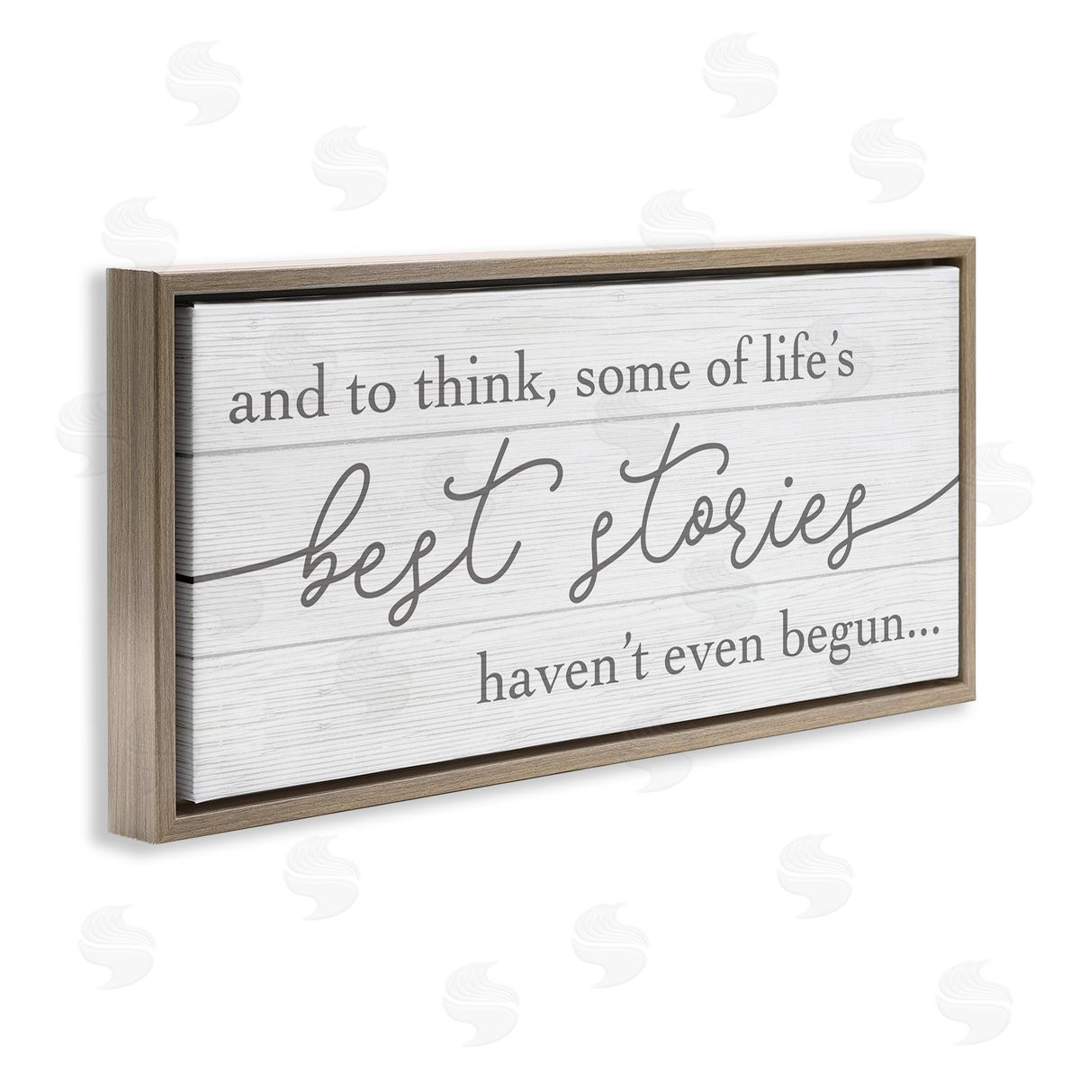 Stupell Studio Life's Best Stories Haven't Begun Phrase White Grey Brown Floater Frame Canvas Art