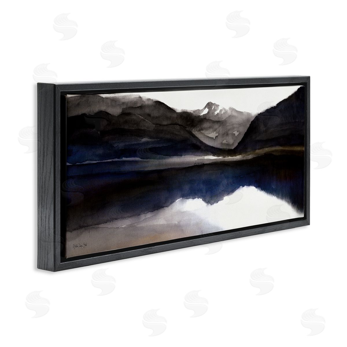 Stellar Design Studio Lakeside Mountain Range Reflection Watercolor Black Blue Black Floater Frame Canvas Art