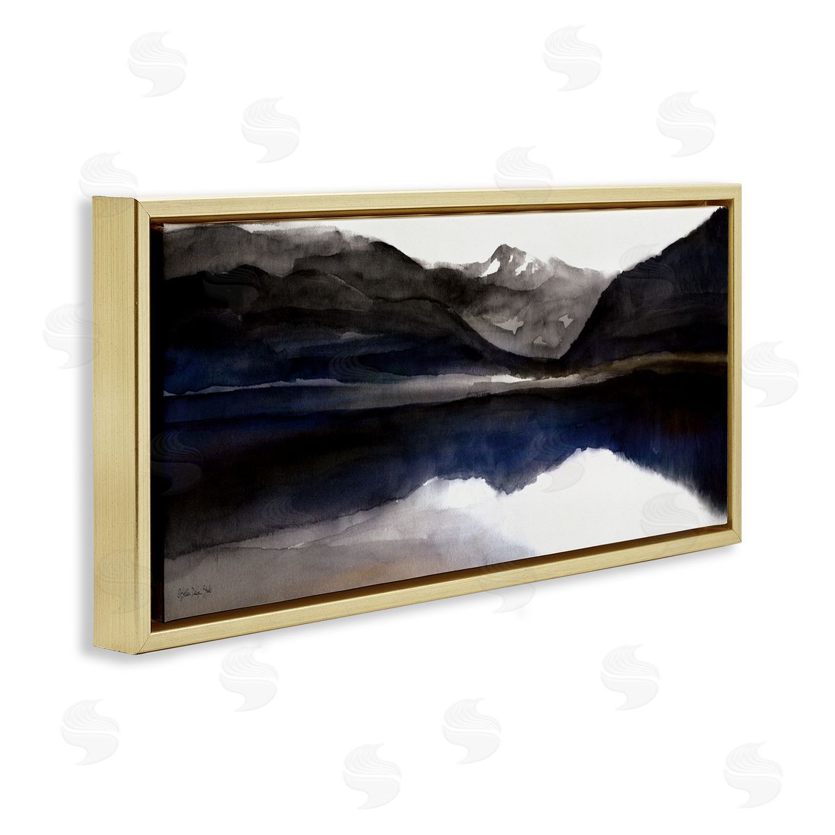 Stellar Design Studio Lakeside Mountain Range Reflection Watercolor Black Blue Gold Floater Frame Canvas Art