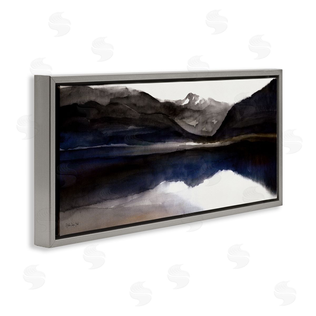 Stellar Design Studio Lakeside Mountain Range Reflection Watercolor Black Blue Gray Floater Frame Canvas Art