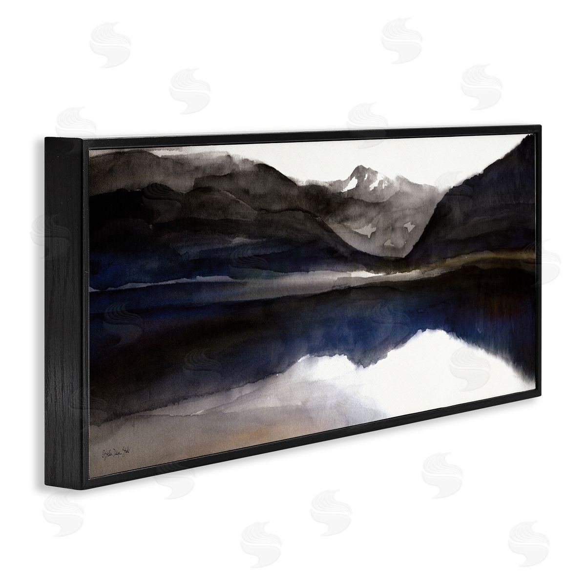 Stellar Design Studio Lakeside Mountain Range Reflection Watercolor Black Blue Black Framed Giclee Wall Art