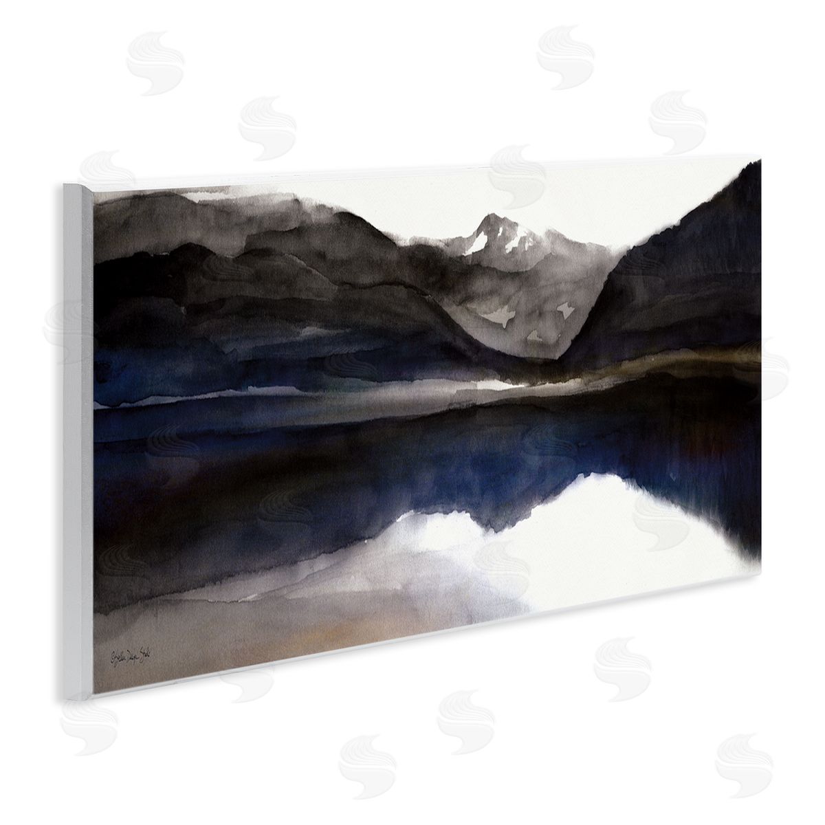 Stellar Design Studio Lakeside Mountain Range Reflection Watercolor Black Blue Wall Plaque Art