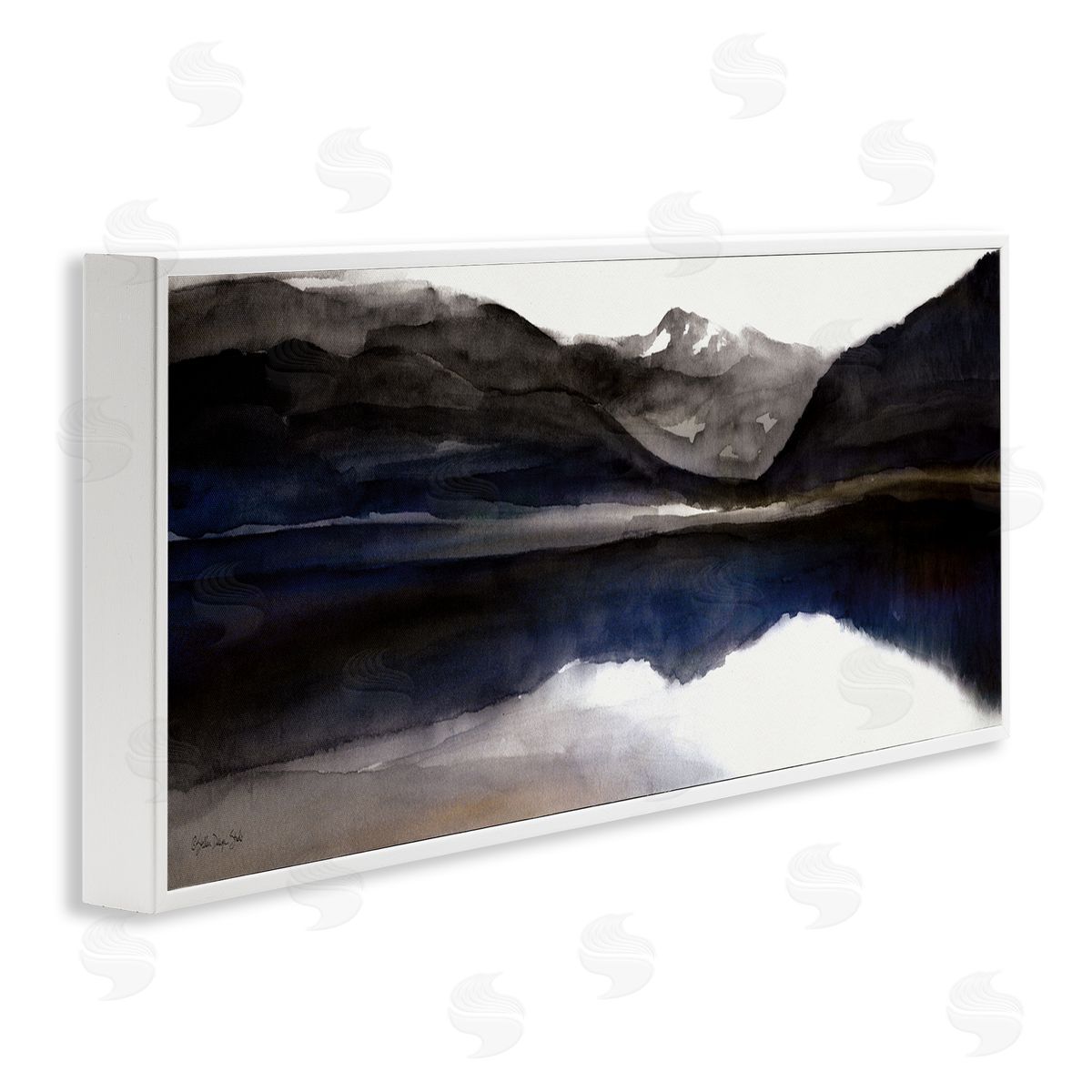 Stellar Design Studio Lakeside Mountain Range Reflection Watercolor Black Blue White Framed Giclee Wall Art