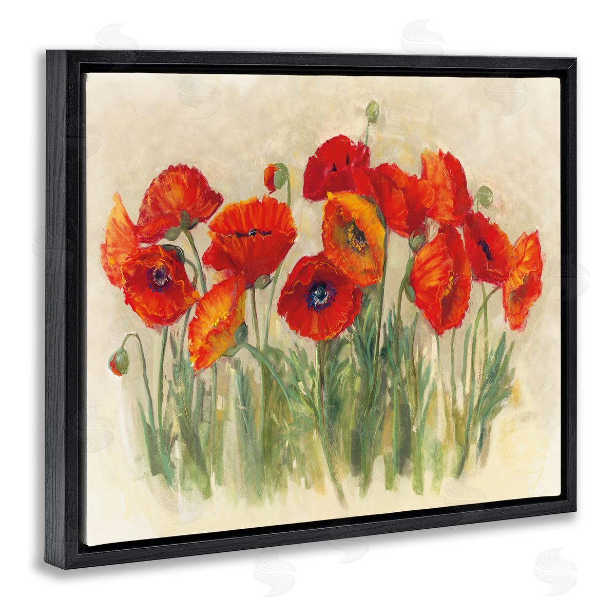 Carol Rowan Red Poppy Florals Soft Green Meadow Grass Black Floater Frame Canvas Art