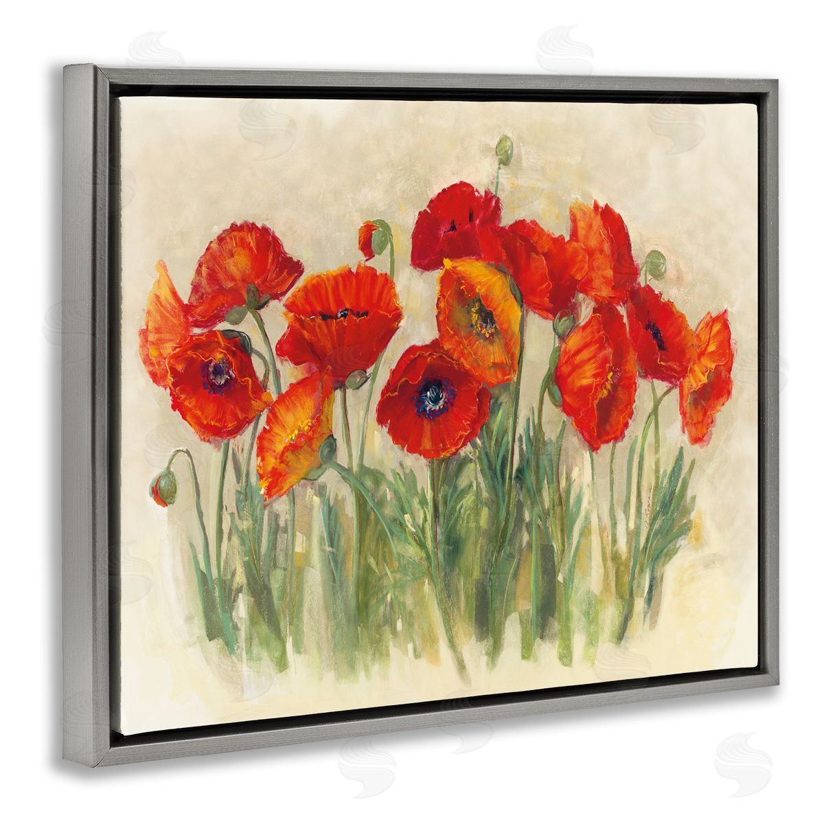Carol Rowan Red Poppy Florals Soft Green Meadow Grass Gray Floater Frame Canvas Art